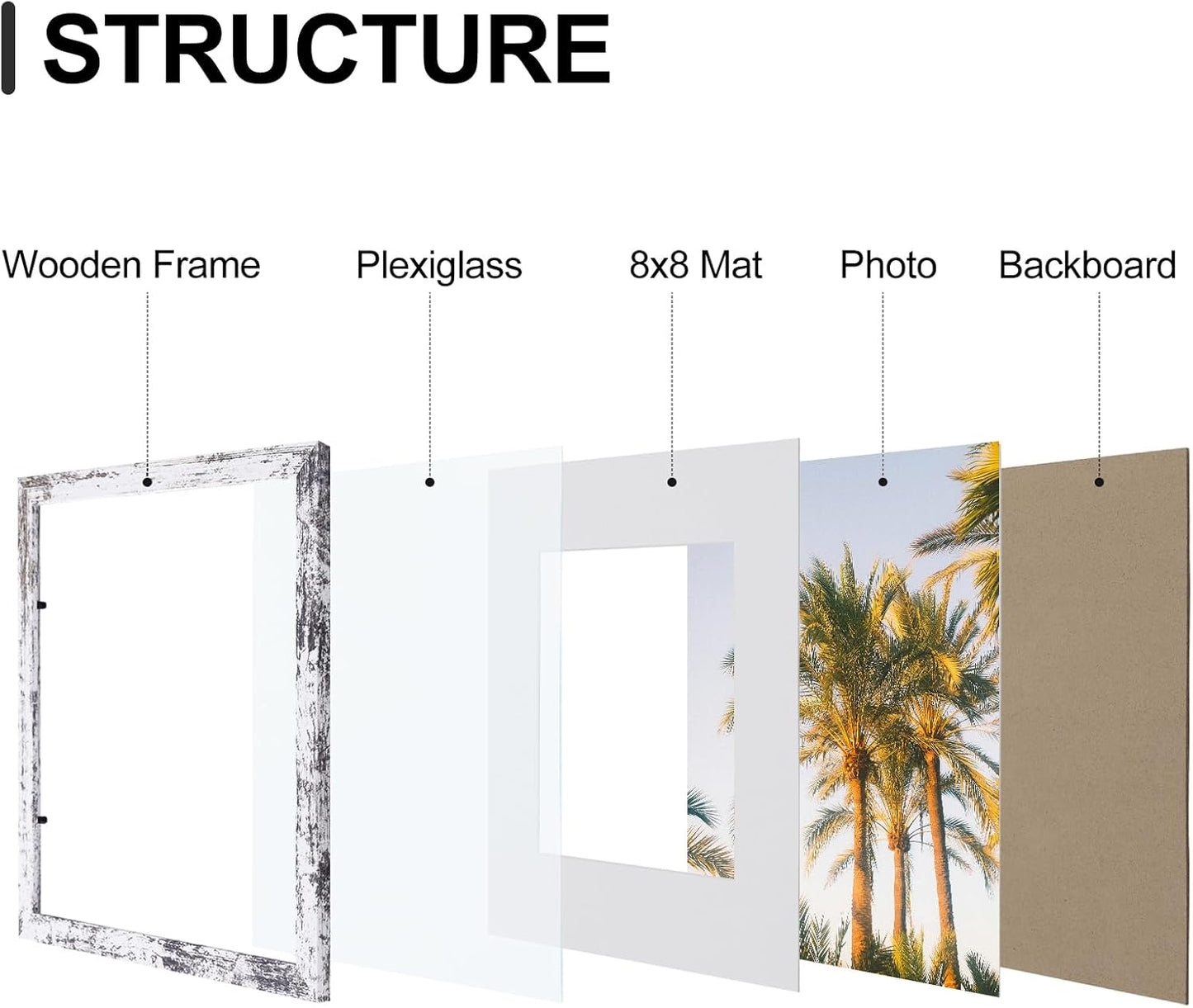 Vittanly 12x12 Picture Frames Set of 9, Shatter Resistant Plexiglass, Display 8x8 Pictures with Mat or 12x12 without Mat, Photo Frames for Wall Mount, Engineered Wood, Distressed White