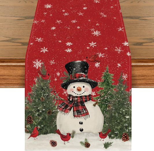 Artoid Mode Snowman Christmas Birds Trees Table Runner, Seasonal Winter Xmas Holiday Kitchen Dining Table Decoration for Indoor Outdoor Home Party Decor 13 x 48 Inch