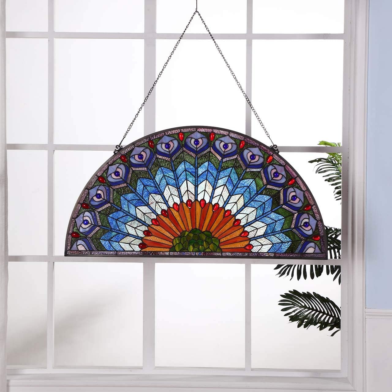 Bieye W10034 Peacock Feather Tiffany Style Stained Glass Window Panel Hangings with Chain, 36 inches Wide Half Round Shape