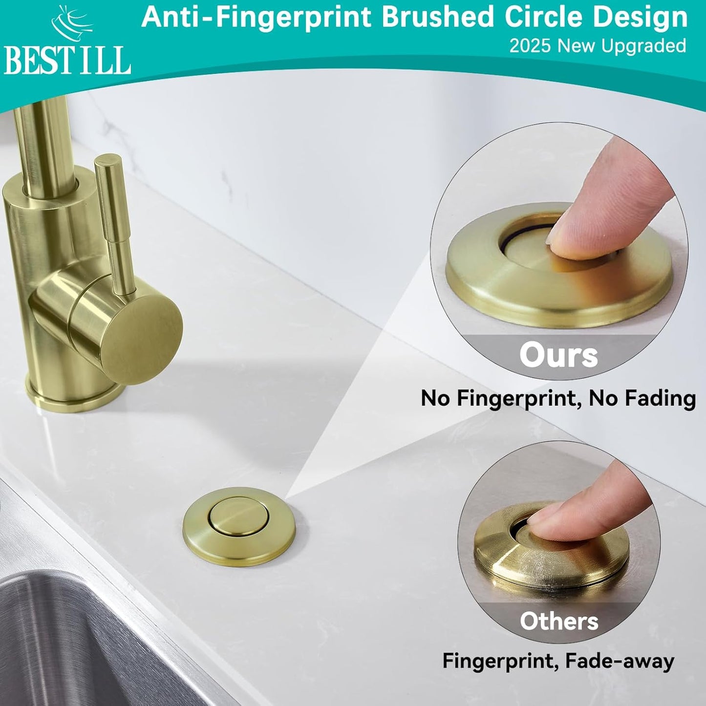 BESTILL Garbage Disposal Air Switch Kit - Brushed Gold Garbage Disposals Button, 3.6” Long Sink Top On/Off Push Button for Waste Disposer, Brass Made Cover, UL Listed, Compatible with all Disposers