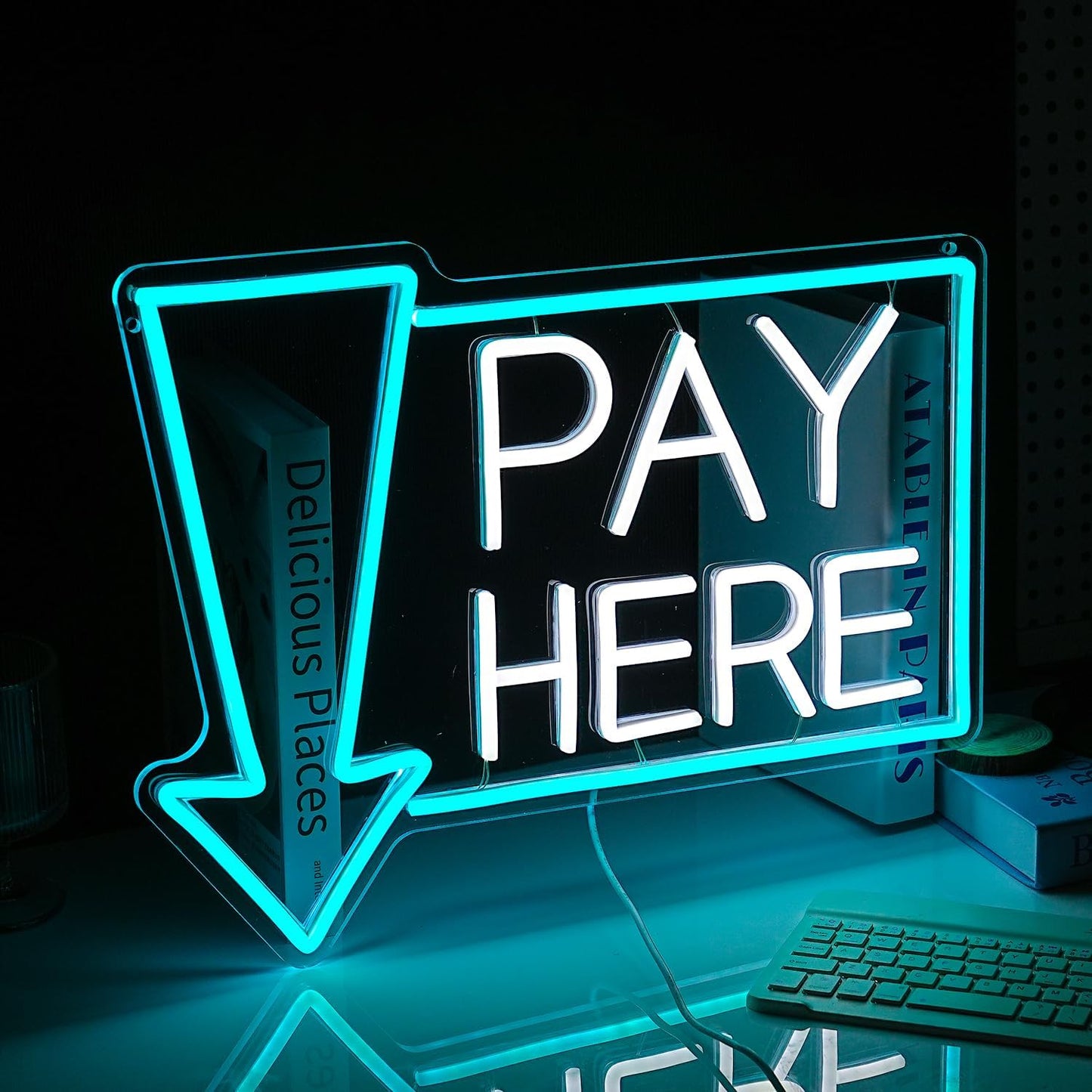 Pay Here Neon Sign Bright Ice Blue White Pay Light Up Sign for Business Decor Dimmable LED Words Neon Light for Restaurant Shop Bar Neon Wall Decor (16.5 * 12.8 In)