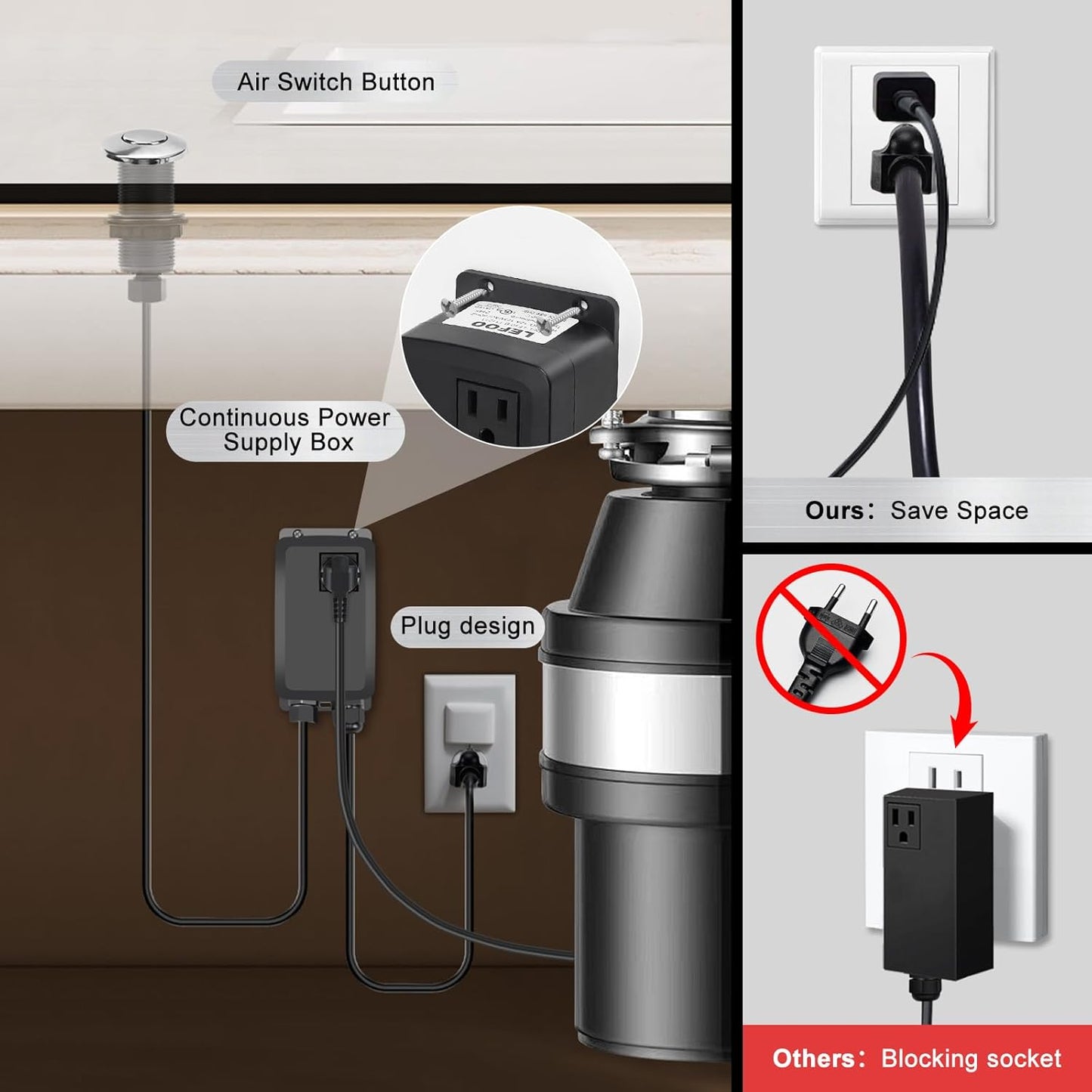 Garbage Disposal Air Switch Kit, Garbage Disposal Button, Sink Top Waste Disposer On/Off Switch, UL Listed Air Switch Compatible with All Garbage Disposals (Chrome Silver)