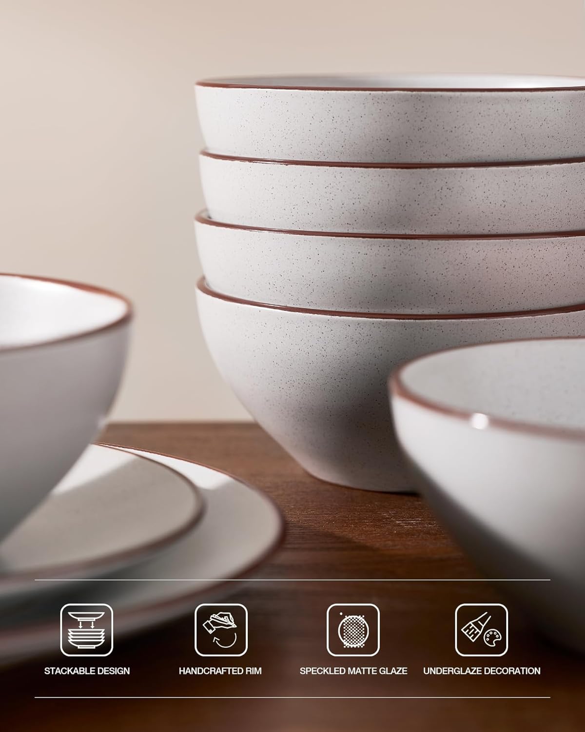 Famiware Venus Plates and Bowls Sets, 18 Pieces Stoneware Dinnerware Sets, Speckled Dishes Set for 6, Microwave and Dishwasher Safe, Matte Light Grey