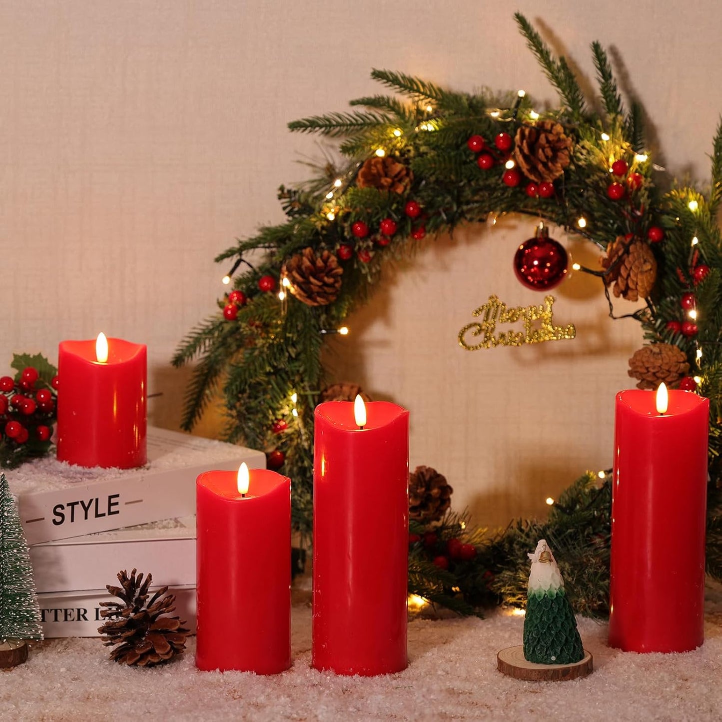 NURADA Outdoor Flameless Candles with Remote Timer - Waterproof Realistic Flickering LED Pillar Electric Battery Operated Fake Candle for Home Wedding Christmas Decor - 3 Pack Red(D3”H4”6”8”)