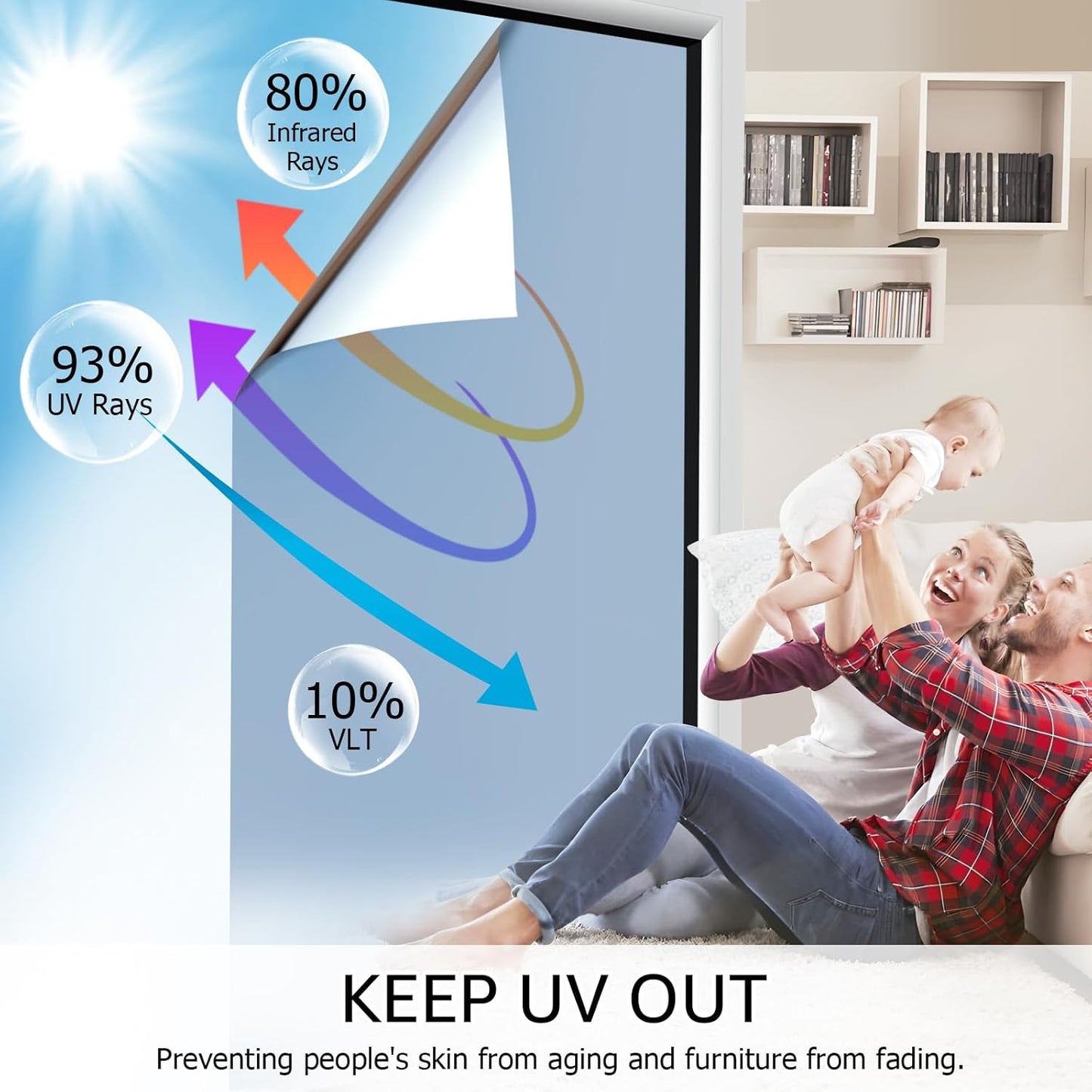 HIDBEA One Way Mirror Window Film,Daytime Privacy Sun Blocking Reflective Window Film Static Cling Heat Control Window Tinting Film for Home and Office, Blue Silver, 17.5 x 78.7 Inch