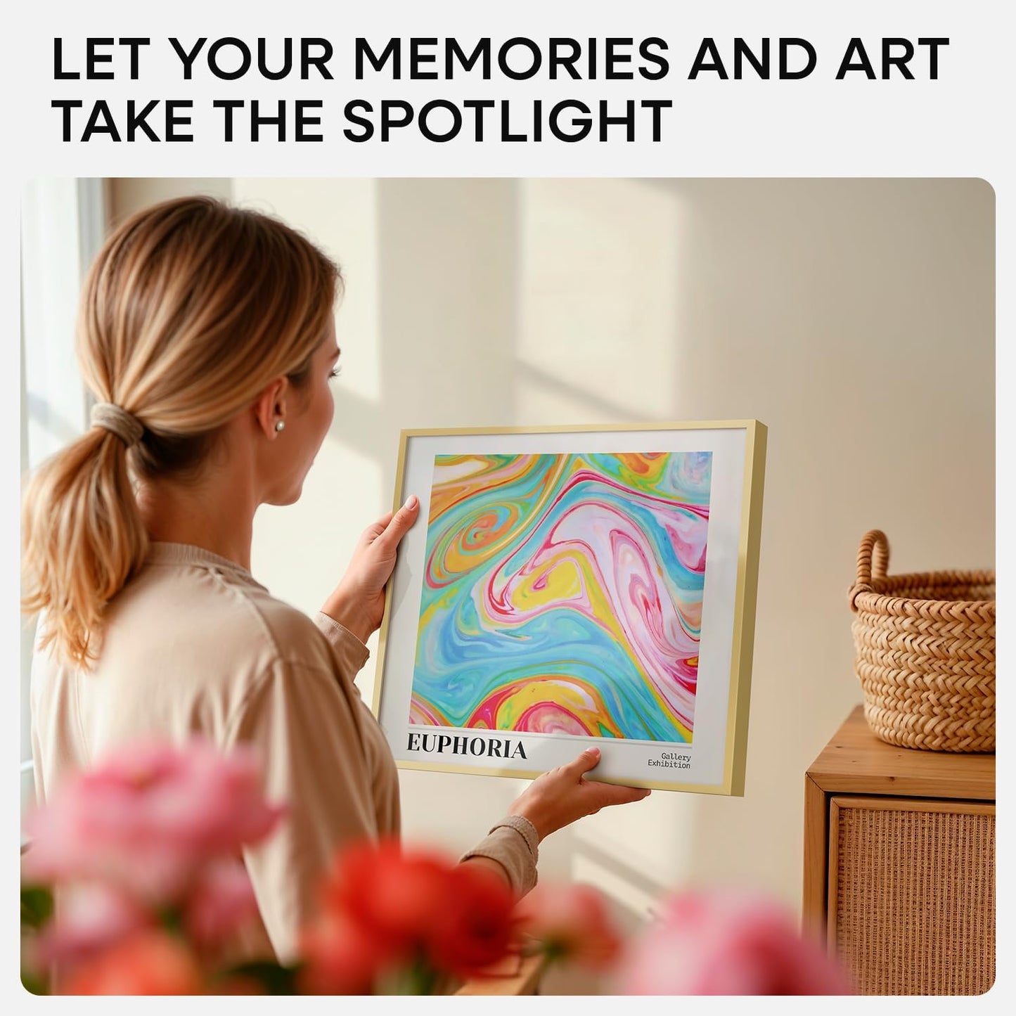 Homeforia 11x11 Picture Frame Gold, High End Metal 11 by 11 Square Frames with Mat 9 x 9 Photo, 11by11 Thin Poster Frame Matted to 9x9 inch Art, Wall Hanging Frames, Tempered Glass, Wall Kit, Set of 1