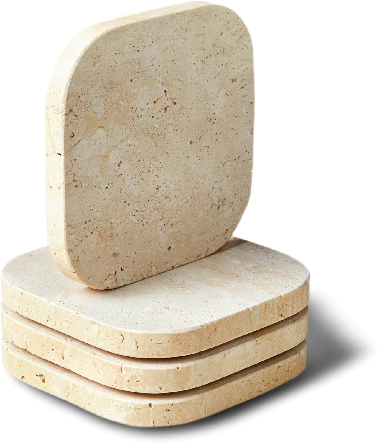 Luxury Turkish Travertine Coasters - Set of 4 - Square Marble Bar Coasters for Drinks, Coffee - Stone Holder for Home Décor, Housewarming Gifts (Beige Travertine)