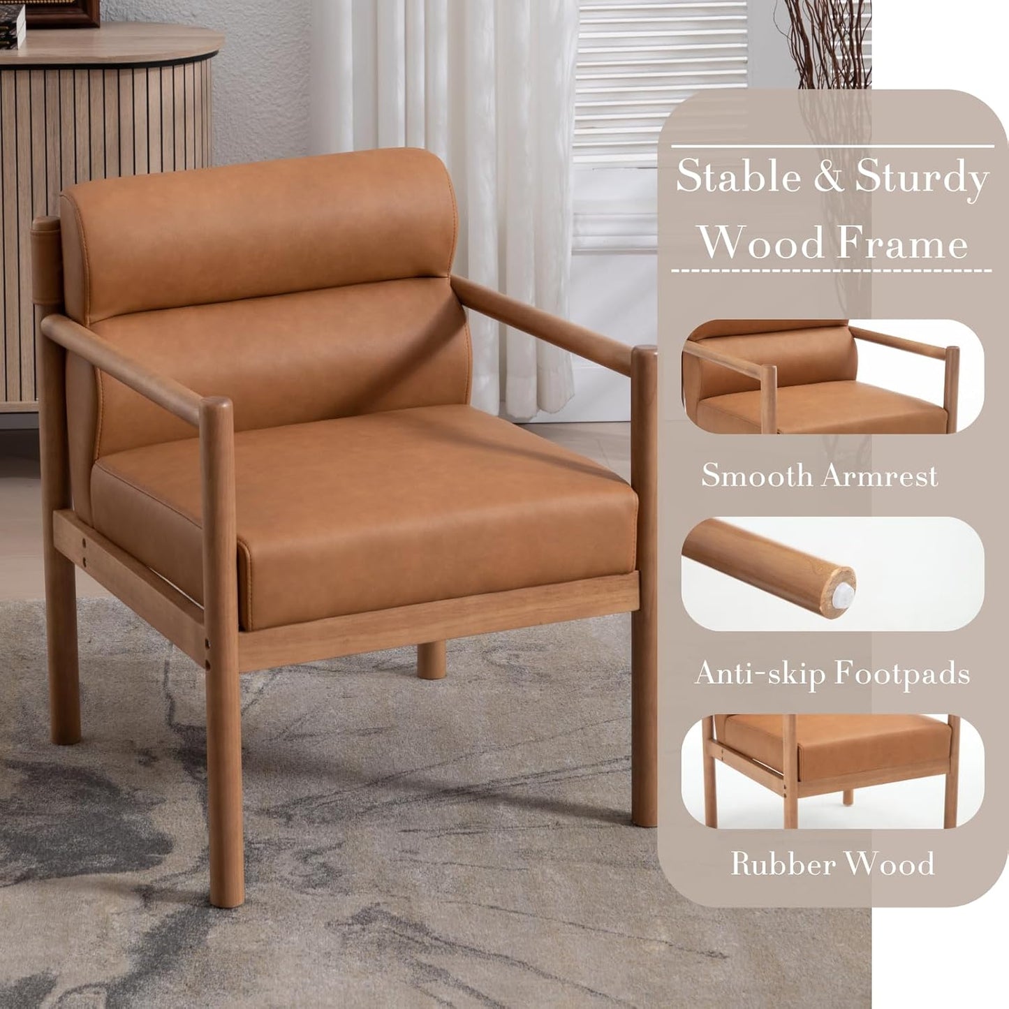 Modern Living Room Chair, Brown Upholstered Accent Chair with Channel Tufted Back, Walnut Wood Lounge Reading Arm Chair, Faux Leather Fabric Side Sitting Chair for Guest Room, Balcony, Bedroom