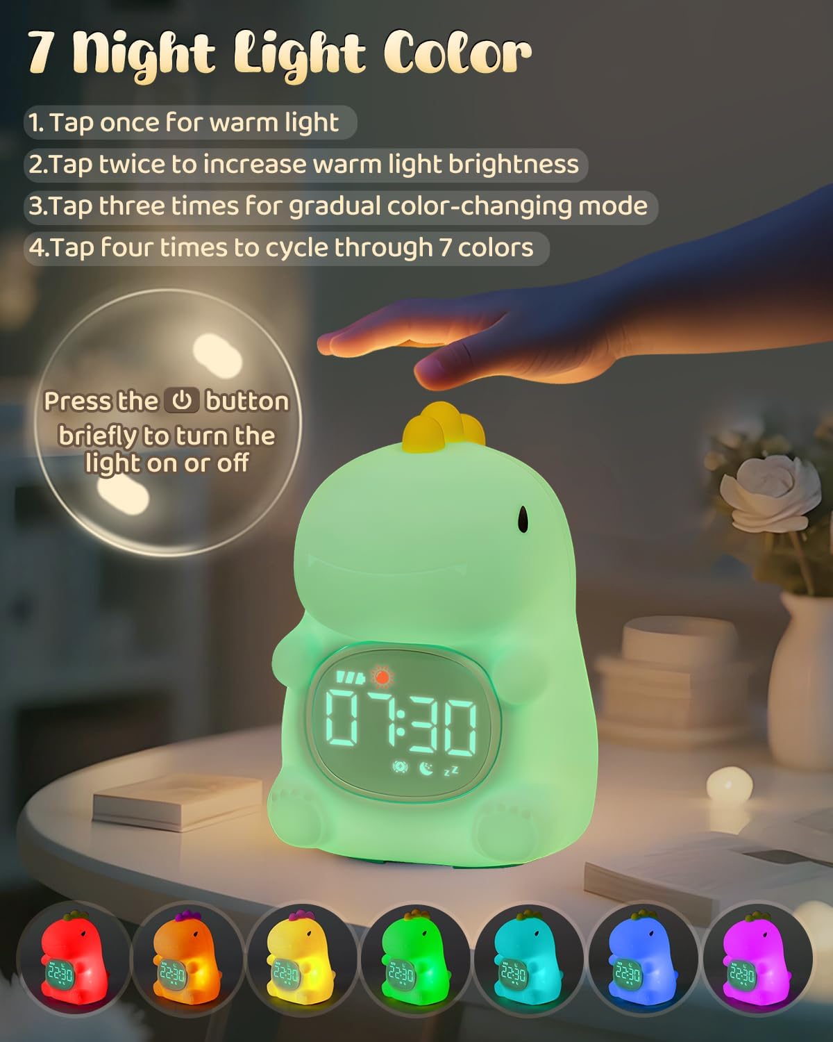 Dinosaus Alarm Clock for Kids with Night Light, Sleep Training Clock Time to Wake Clock, Rechargeable Silicone Light for Bedroom, Perfect Sleep Companion for Boys Girls