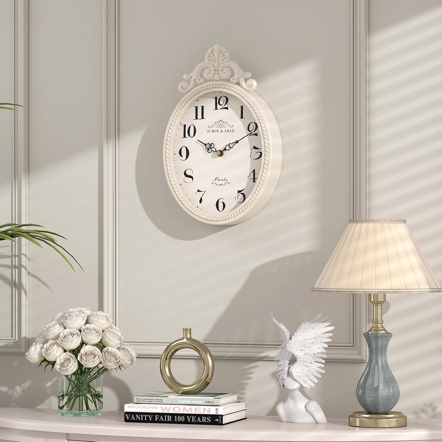 Abdurey Small French Retro Decorative Wall Clock, Ivory White Vintage Oval Style,Silent Battery Operated Boho Decor Wall Clocks for Farmhouse,Kitchen,Bedroom,Bathroom(10.4" H x 6.7" W)