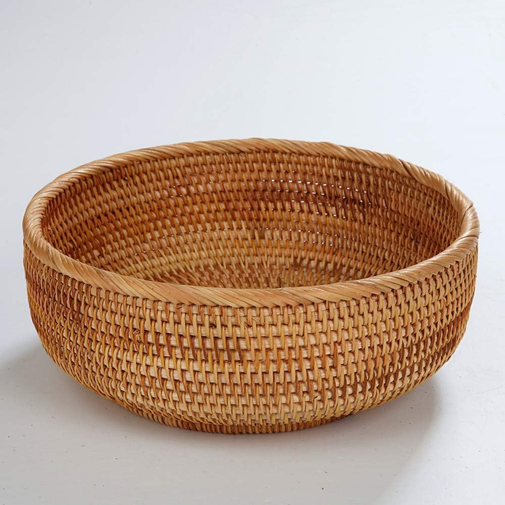 Hadewoven Round Rattan Fruit Basket Wicker Food Tray Weaving Storage Holder Dinning Room Bowl, 10 Inch Woven Bread Basket Key Bowls with 4”Wall for Table, Countertop (Large 9.8")