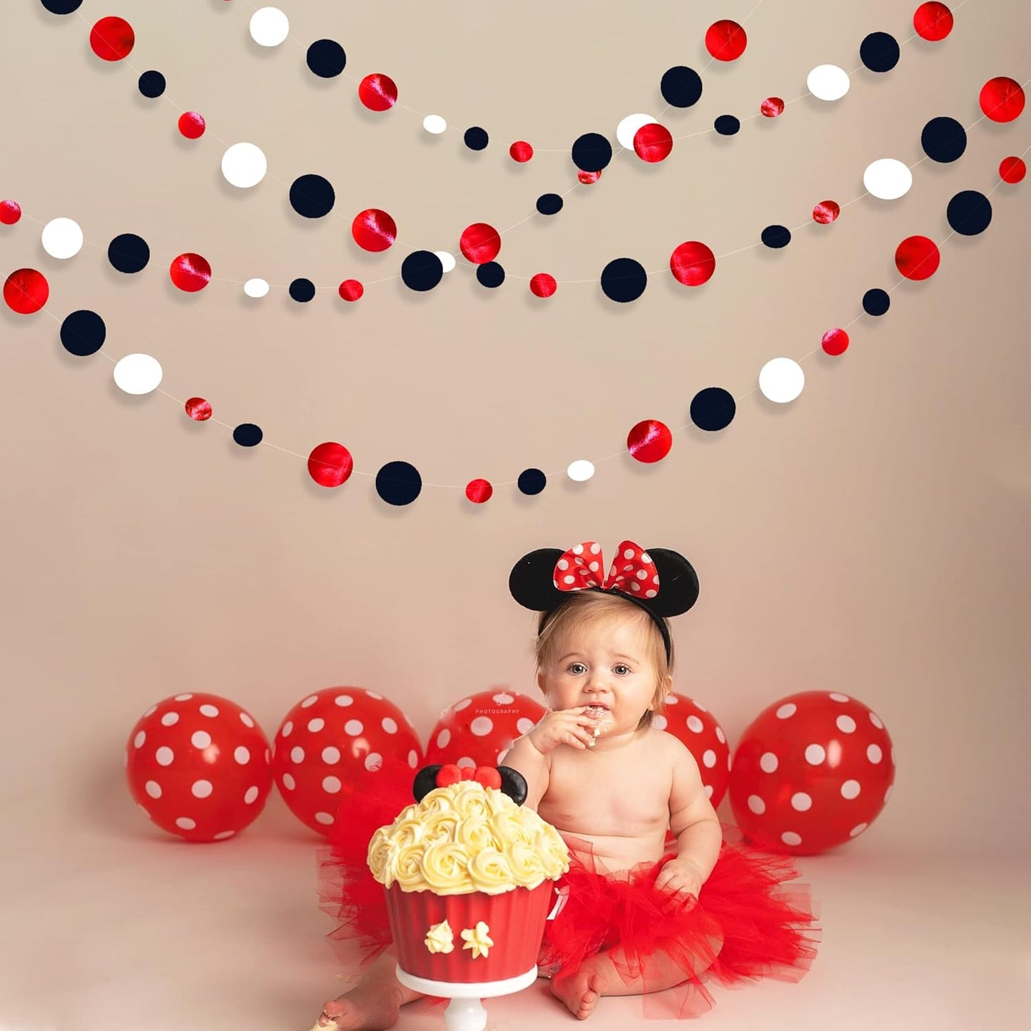 46 Ft Red Black and White Circle Dots Garland Hanging Paper Polka Dots Streamer for Graduations Birthday Bachelorette Engagement Wedding Bridal Shower Holiday Casino Poker Pirate Party Decorations