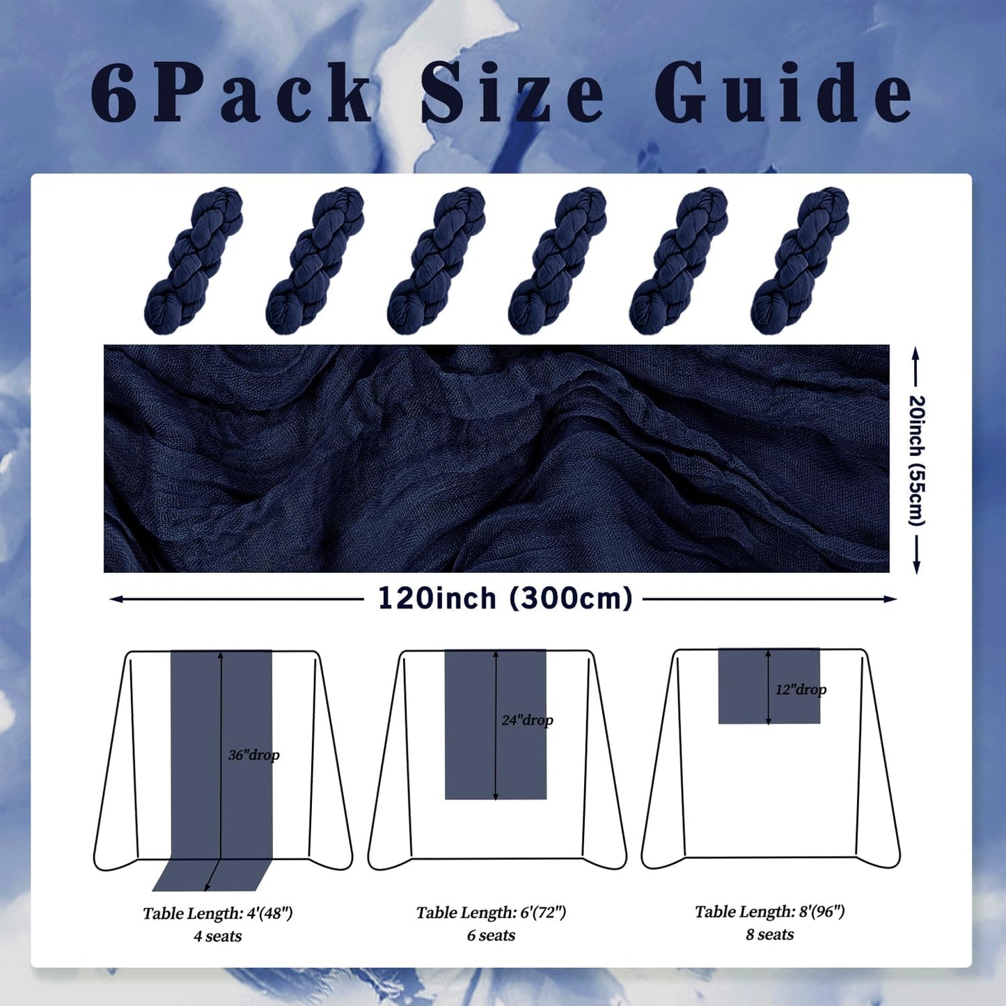 6 Pack Navy Blue Cheesecloth Table Runner 10FT Boho Fabric Rustic Cheese Cloth Table Runner for Wedding Bridal Shower Baby Shower Gauze Sheer Birthday Party Table Decorations 20 x 120 Inch Long