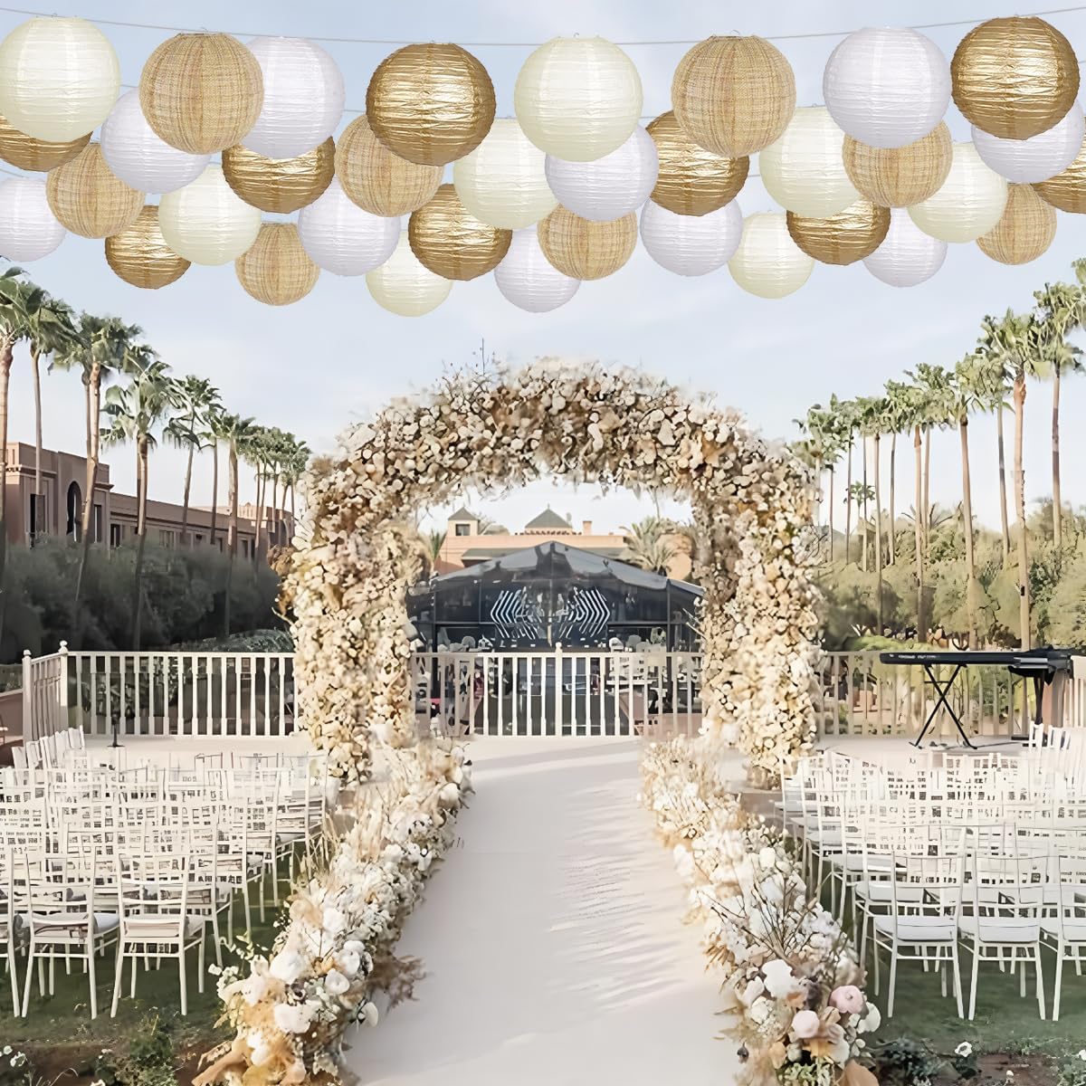 Paper Lanterns Gold White Round Hanging Chinese Lanterns for Wedding Birthday Party Boho Baby Shower Decorations Pack of 12