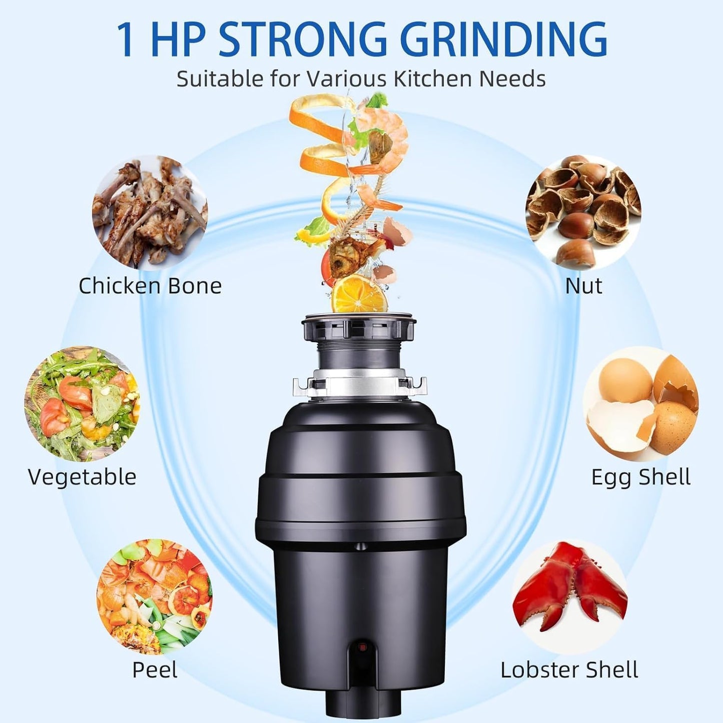 Powerful 1HP Stainless Steel Garbage Disposer, Dishwasher-Friendly and Continuous Feeding Waste Disposer, Grinding Material Four-Stage Grinding, Black
