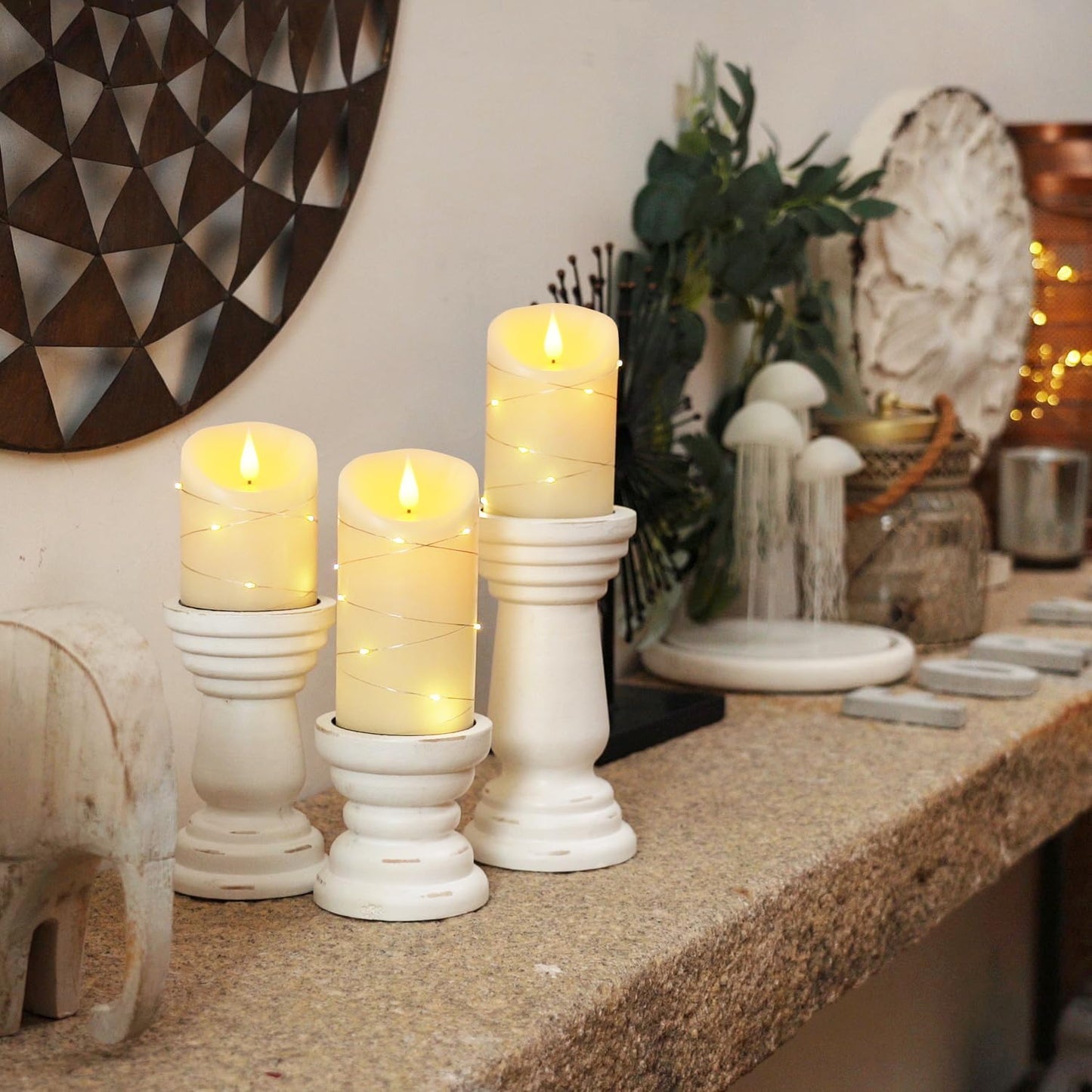 Homemory Flameless Candles with String Lights, 3 Pack Embedded Fairy String Lights LED Candles, Electric Flickering Candles with Remote Control and Timer, Real Wax, Ivory White