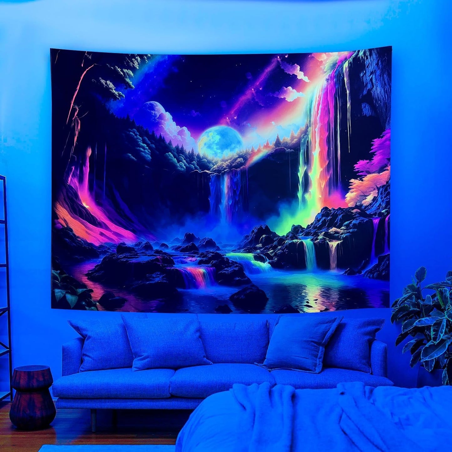 OSVINO Blacklight Rainbow Waterfall Tapestry 59"x51" UV Reactive Trippy Wall Hanging Rainbow Aesthetic Waterfall Wall Posters Bedroom Spiritual Room Decor