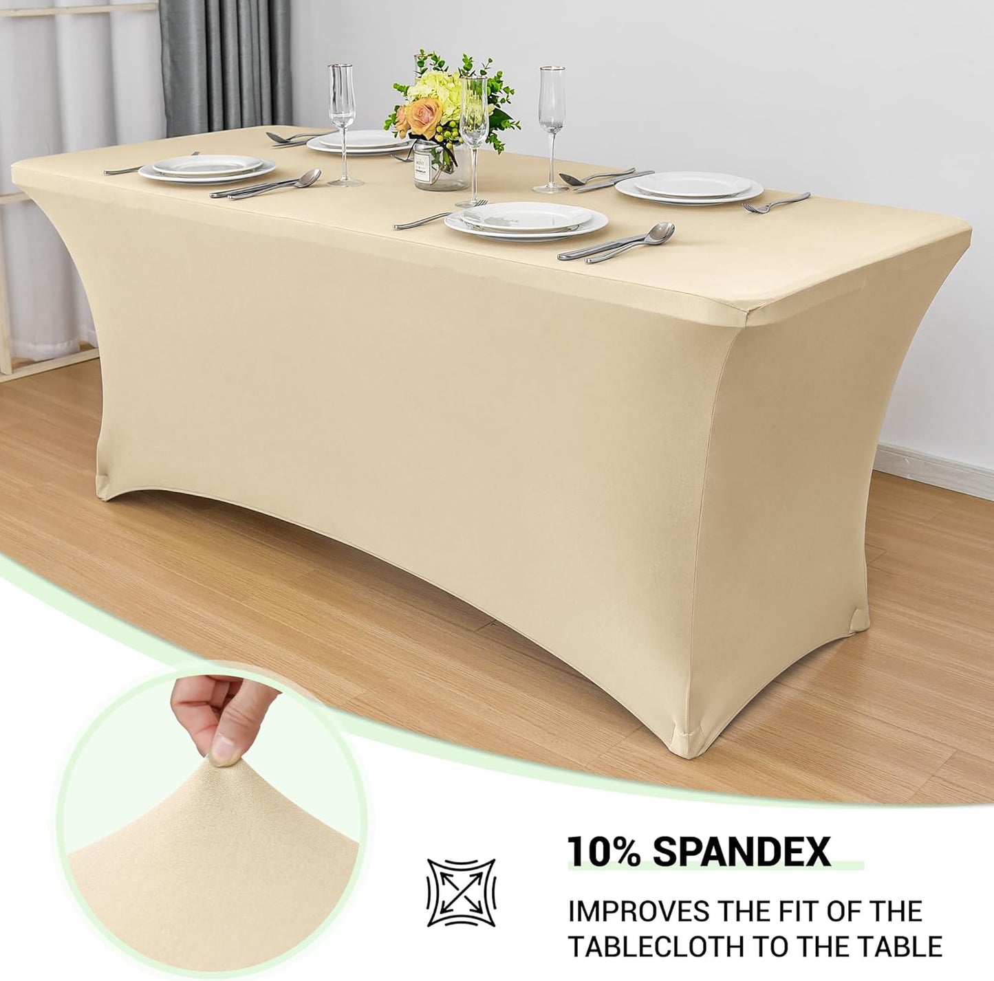 Obstal 6ft Stretch Spandex Table Cover for Standard Folding Tables - 2 Pack Universal Rectangular Fitted Tablecloth Protector for Wedding, Banquet and Party, 72L x 30W x 30H Inches, Champagne, 2pc