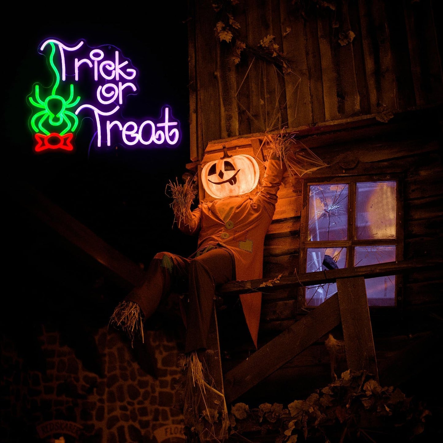 Trick Or Treat Neon Sign Funny Spider Candy LED Neon Light for Wall Decor Dimmable USB Halloween Light Up Sign for Halloween Party Home Neon Decor (16.7 * 12.8In)