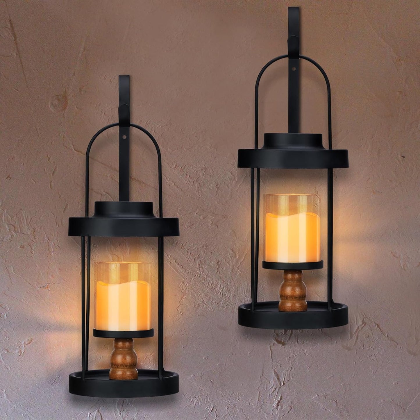 Metal Wall Sconce Candle Lantern Set of 2 - Black Wall Mounted Wood and Metal Hanging Holder with Glass & Candles Vintage Wall Decor for Porch, Living Room, Dining Room, Bedroom Indoor Decor