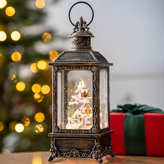 Christmas Village Buildings Snow Globe Lantern Water Glittering Snowman Family with Music & Timer, USB Lined/Battery Operated Lighted Lantern for Christmas Festival Decoration Gifts