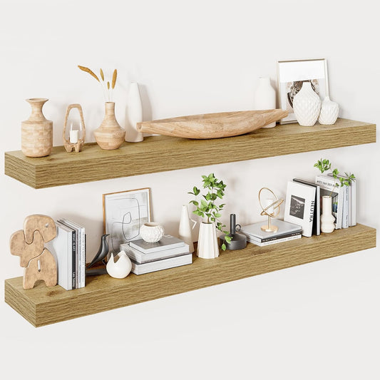 Heimlove Floating Shelves for Wall 48 Inches Long,9.3" Deep Oak Floating Shelf Set of 2,Wall Mounted Wood Shelves for Bathroom Bedroom Living Room Kitchen Office,Shelf for Books Storage Room Decor