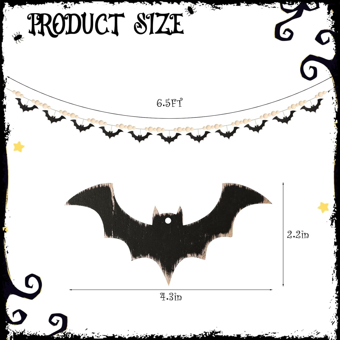Halloween Garland, Farmhouse Wood Bats and Bead Garland for Halloween Decorations, Bat Banner for Wall Home Indoor Outdoor Black Halloween Decor Supplies