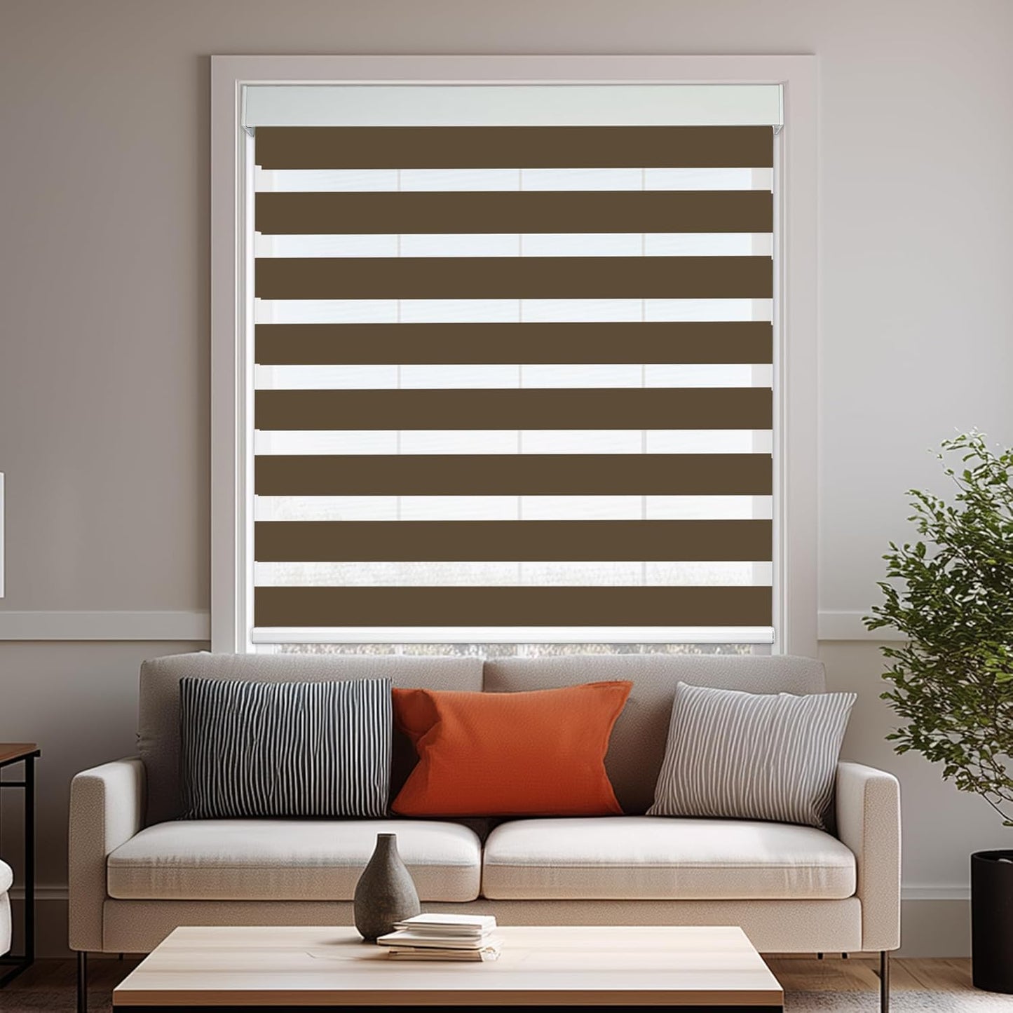 HESTIA Cordless Zebra Blinds Light Filtering Roller Shades UV Blocking Blackout Privacy Indoor Window Shades for Home Office Day and Night, Brown,49" W x 60" H
