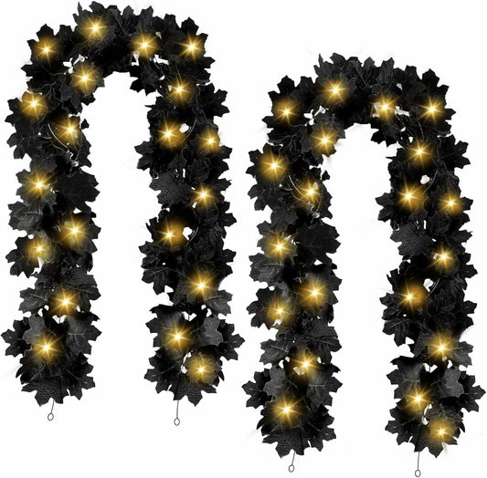 Joyhalo 2 Pack Halloween Garland with Lights, Black Maple Leaves Lighted Garland for Mantle, 5.7FT Light Up Leaf Autumn Vines Outdoor for Door Frame, Fireplace and Thanksgiving Fall Decor