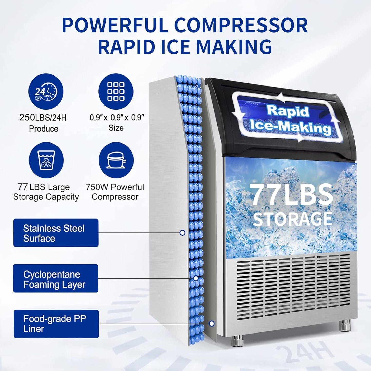 Commercial Ice Maker 250Lbs/24H Under Counter Ice Machine with 77Lbs Storage Bin, 90 Ice Cubes in 11Min, Stainless Steel Freestanding Ice Making Machine for Business, Water Filter and Scoop Included