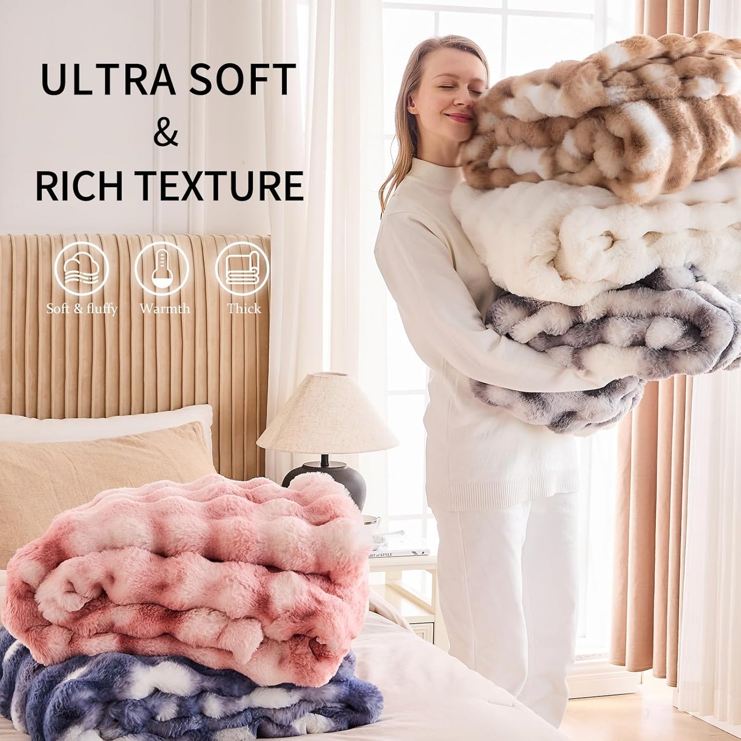 Cozy Faux Fur Throw Blanket for Couch-Warm Fuzzy Throw Blanket, Soft Plush Thick Bubble Blankets for Bedroom and Living Room, Furry Luxury Blanket, 50 x 60, Tie-Dye Brown