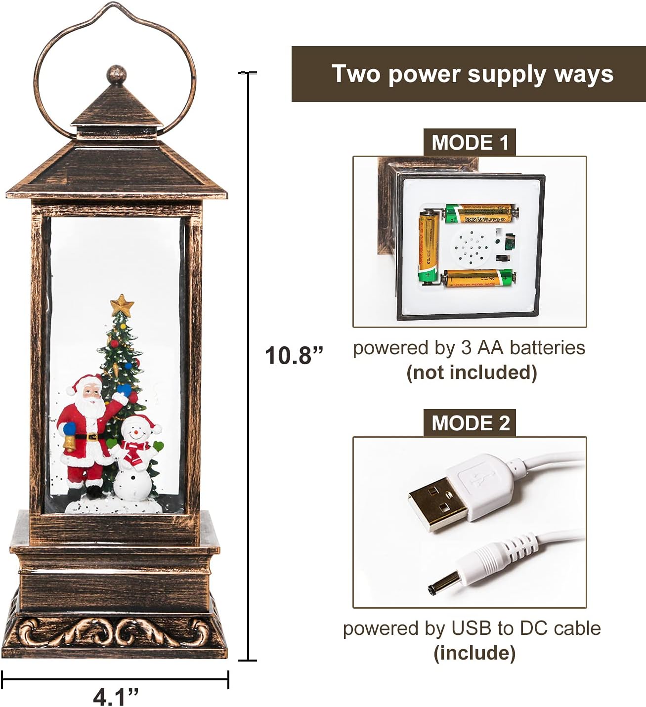 Snow Globe, Christmas Snow Globes with Swirling Glitter, USB Powered or Battery Operated Christmas Lantern for Christmas Thanksgiving Party Home Decorations (Christmas Tree, Santa Claus and Snowman)