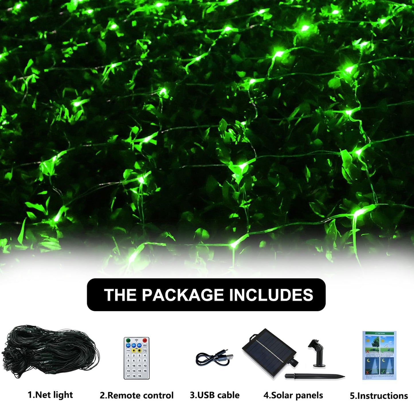 Solar Net Lights Outdoor Mesh Lights Green, Christmas Lights 19 Modes Solar Powered/USB Transparent Wire, 200 LED Fairy Lights for Fence, Garden, Yard, Bushes, Trunk, St. Patrick's Day Decor