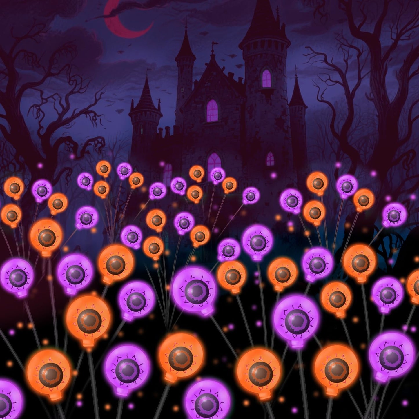 VOTTGO Halloween Solar Lights Outdoor, 8 Pack 48LED Scary Solar Eyeball Pathway Lights, 2 Modes Waterproof Swaying Solar Firefly Lights for Garden Yard Pathway Halloween Decorations, Purple + Orange