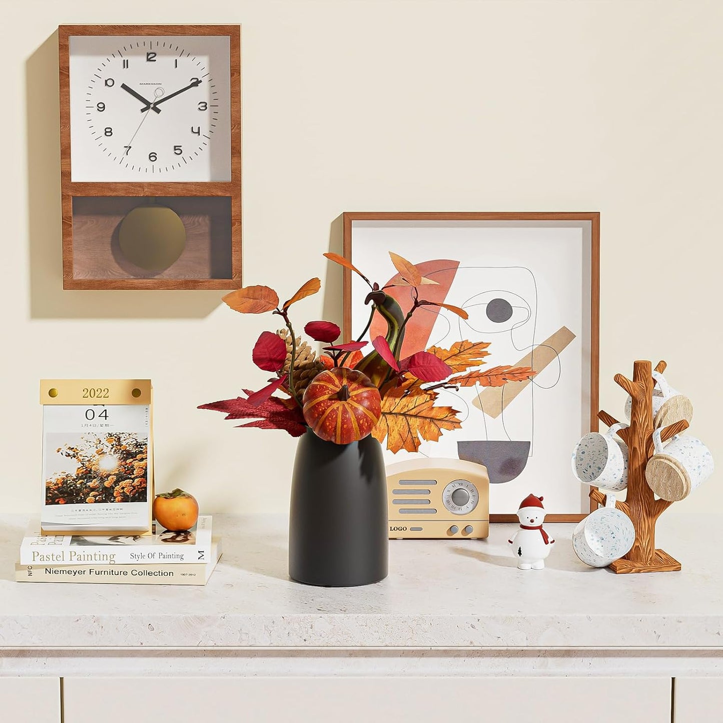 Autumn Artificial Potted Plant Decorations, Maple Leaves, Pinecones, Pumpkins with Black Ceramic Vase for Home,Thankgiving Table Decoration