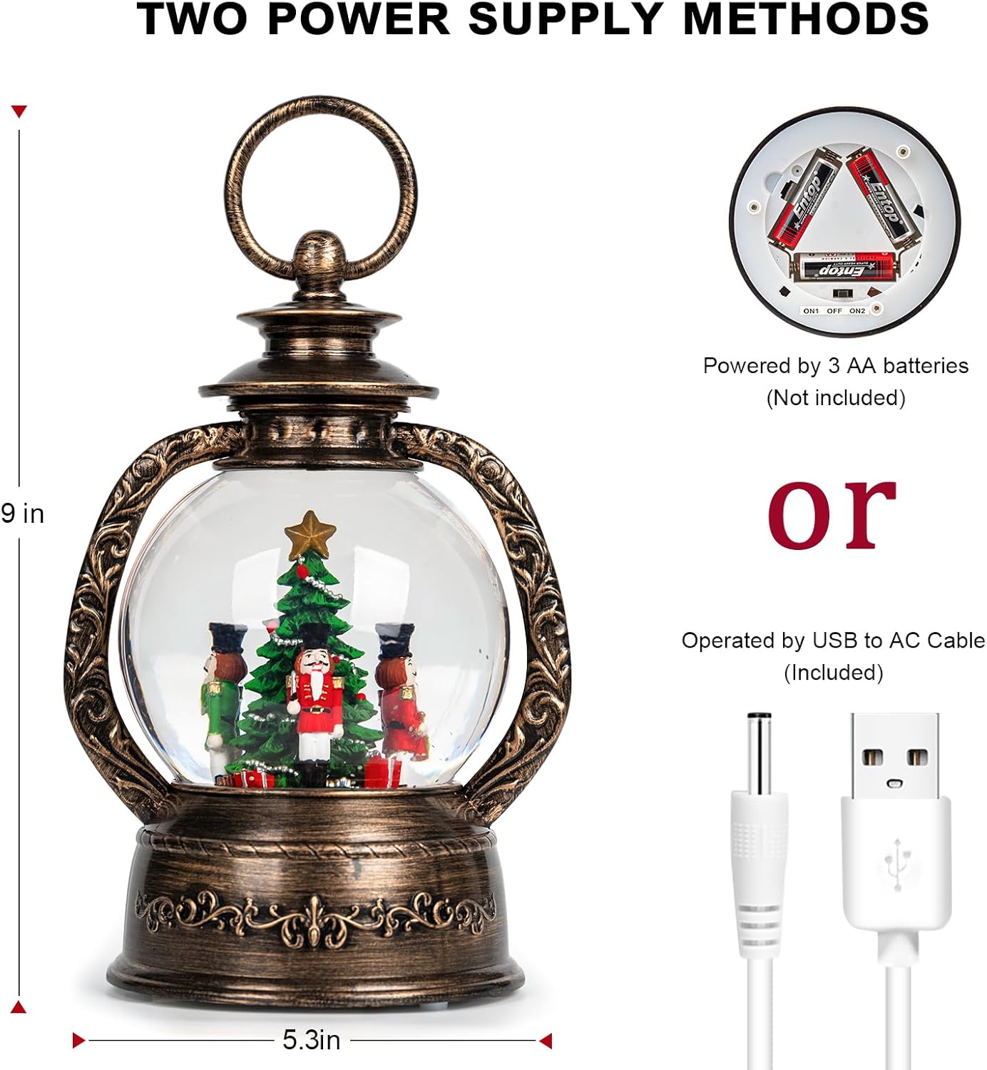 Christmas Snow Globe Lantern Water Glittering Nutcrackers with Music & Timer, USB Lined/Battery Operated Lighted Lantern for Christmas Festival Decoration Gifts