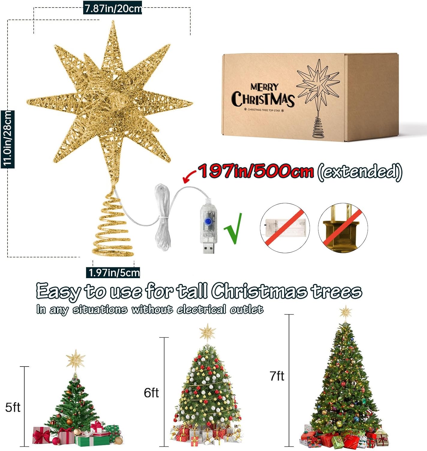 Christmas Tree Topper Star Gold with Warm White 50 LED Lights, Star Tree Topper for Christmas Tree Tradition Moravian Decor, 11X 7.87 Inch with 5m Long Line, Estrella para Arbol De Navidad