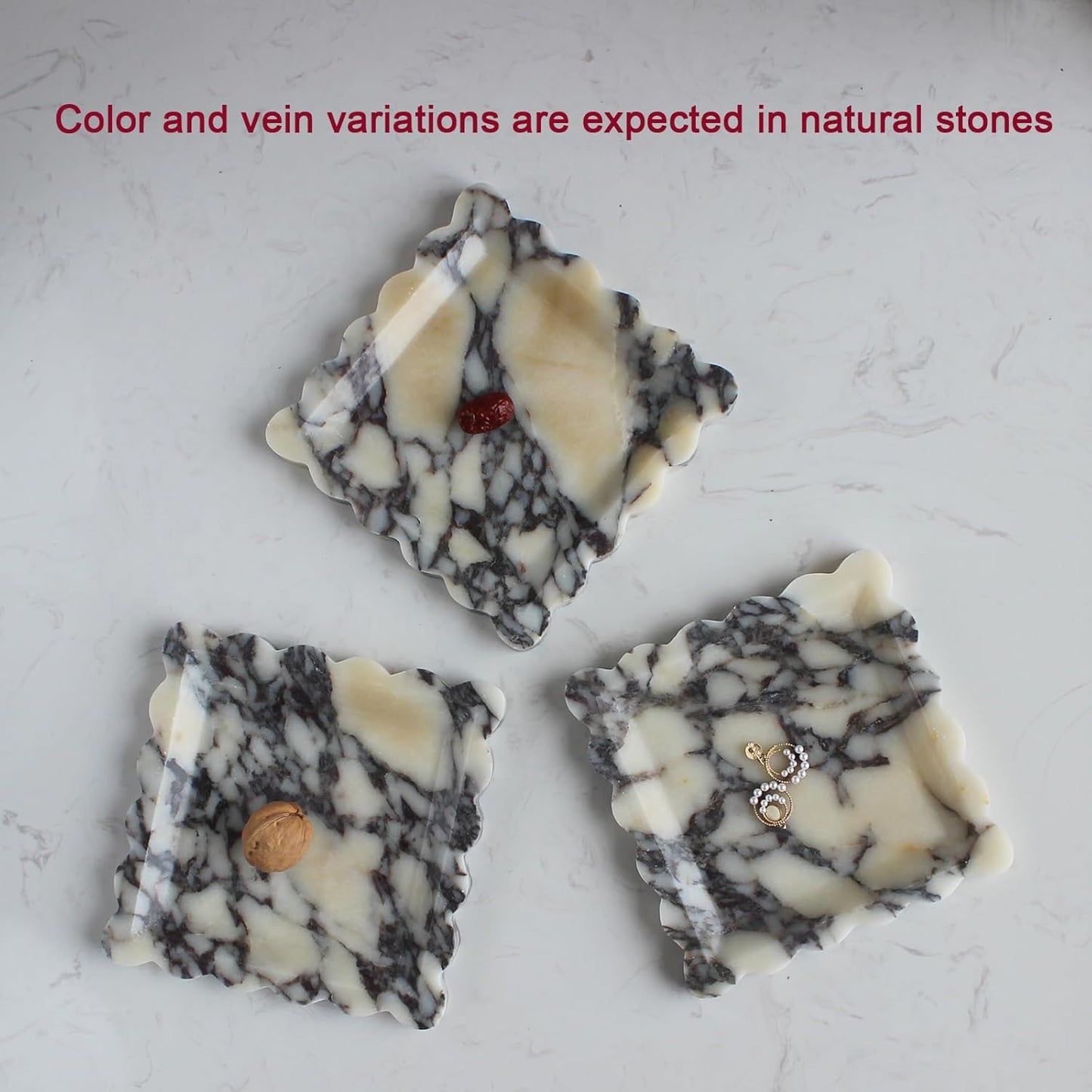 Natural Luxury Marble Tray with Scalloped Edge, Handmade Square Decorative Tray, Catch All Tray for Counter, Dresser, Nightstand and Home Décor (Calacatta Viola)