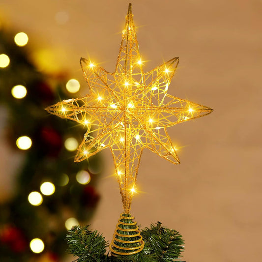 Christmas Tree Topper Lighted 13.5” Gold Star Tree Toppers with 20 LED Lights Christmas Tree Top Ornament for New Year Holiday Home Office Indoor Decorations
