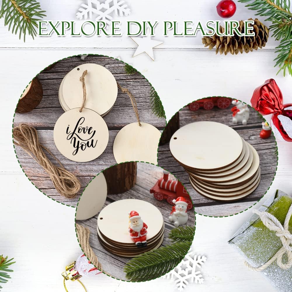 Unfinished Wooden Circles with Holes, 50Pcs 3 Inch Round Wood Tags Ornaments Blank Round Wooden Slices with Jute Twines for Sign Tags Christmas Home Party Hanging Decoration