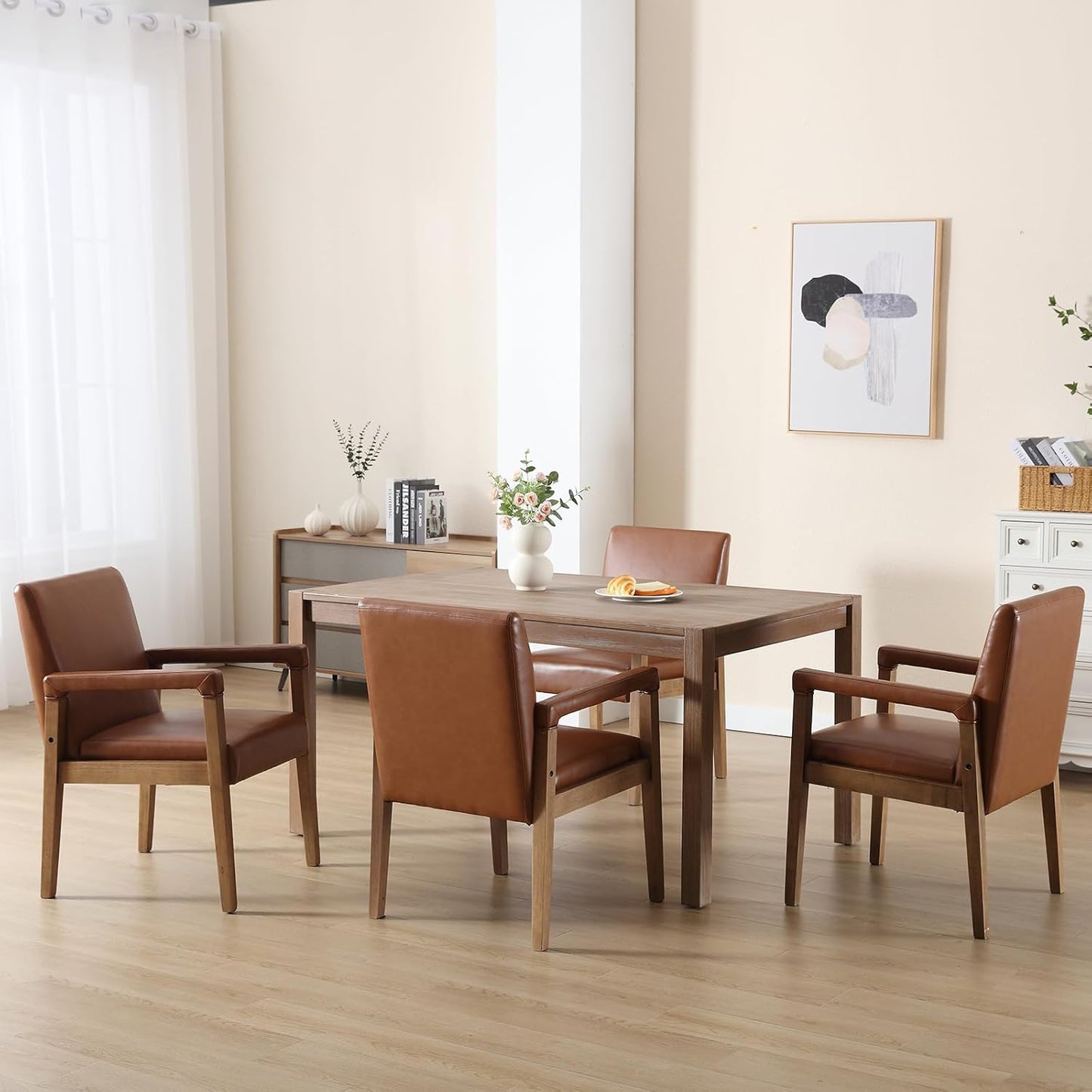 Kmax Modern Dining Chairs Set of 4 Faux Leather Kitchen Arm Chairs Upholstered Accent Chairs with Wooden Legs for Dining Room, Living Room, Bedroom, Brown