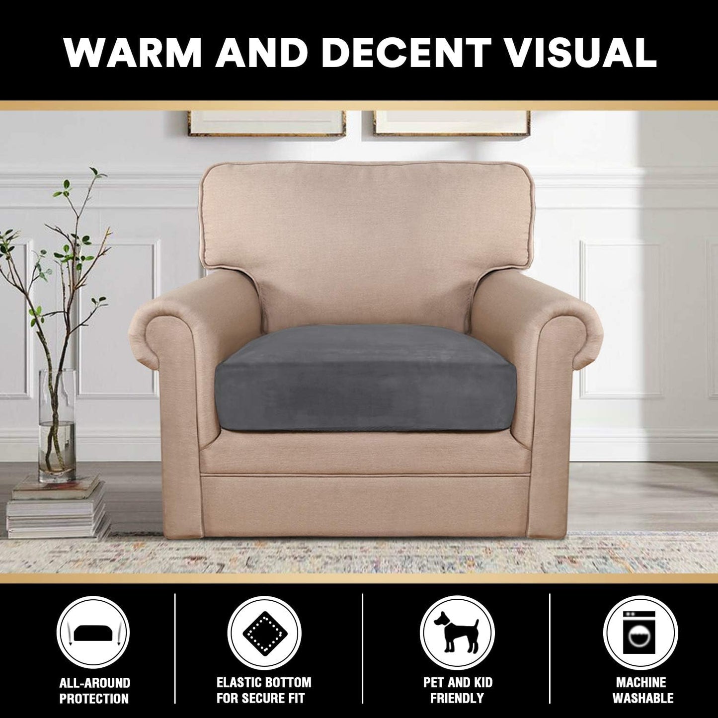 PrinceDeco Velvet Stretch Couch Cushion Cover, Sofa Slip Covers for Cushion Couch Chair Loveseat Sofa Furniture Protector Cushion Sofa Cover Each Width Up to 29.5", Grey