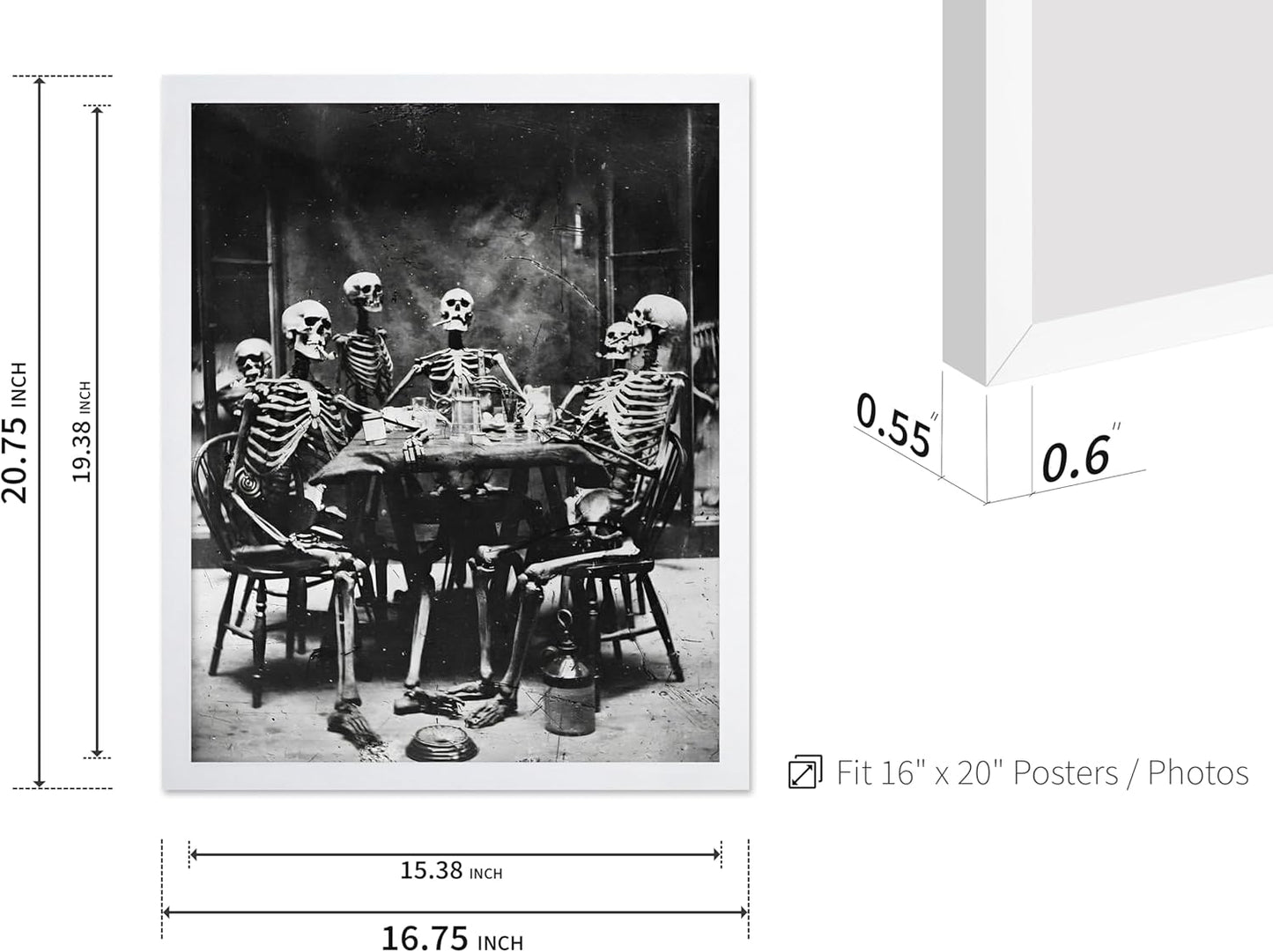 Poster Master Vintage Photograph Poster - Retro Daguerreotype Print - Gift for Artist, Friend - Skeletons Smoking at Table, Dinner Party, Goth - Wall Decor for Home, Dorm, 16x20 White Framed