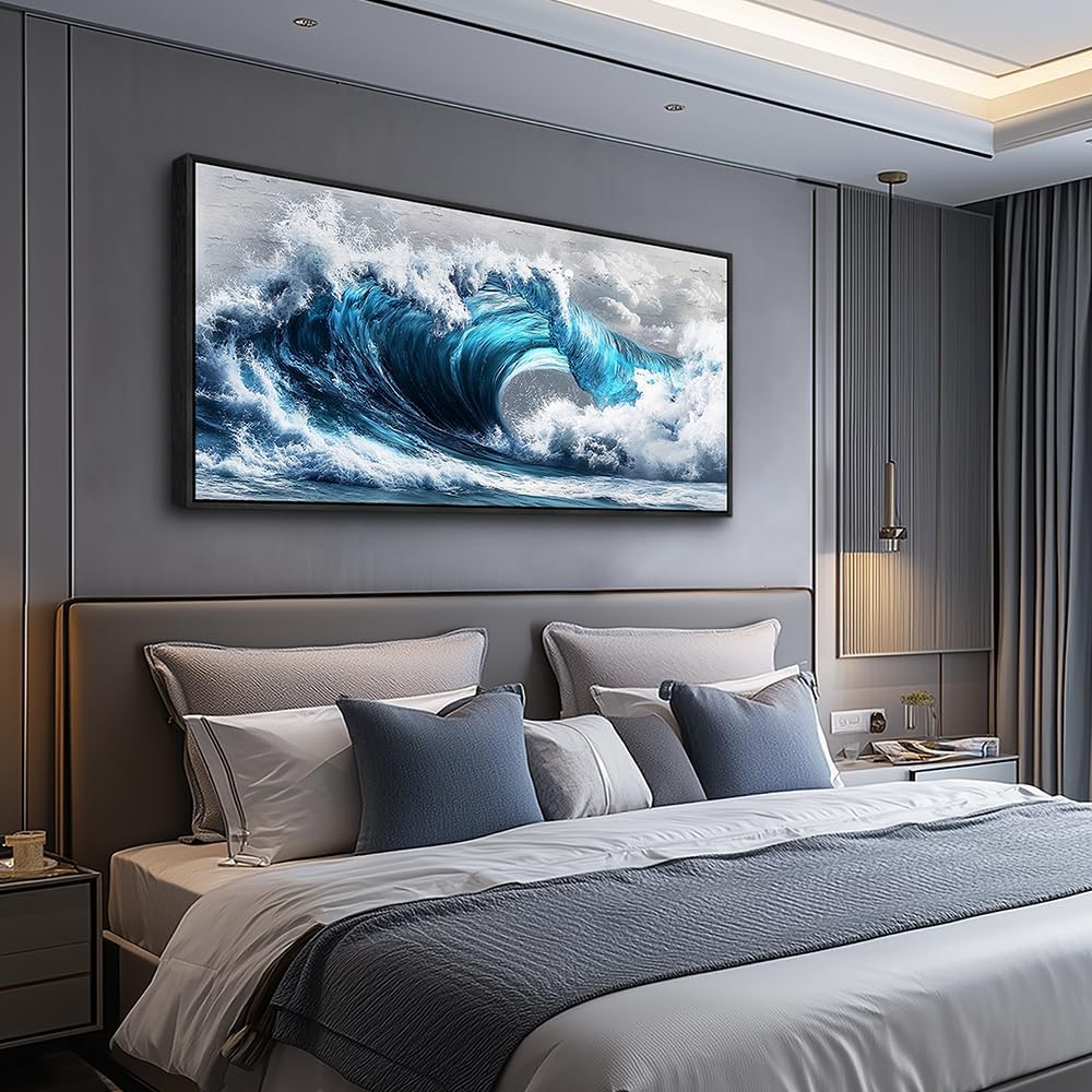PHAOHUAXM Blue Wave lPaintings Wall Art For Living Room Wall Decor For Bedroom Ocean Inspiration Wall Pictures Office Decor Posters Modern Printing Canvas Artwork Home Decor Black Framed 20x40 In