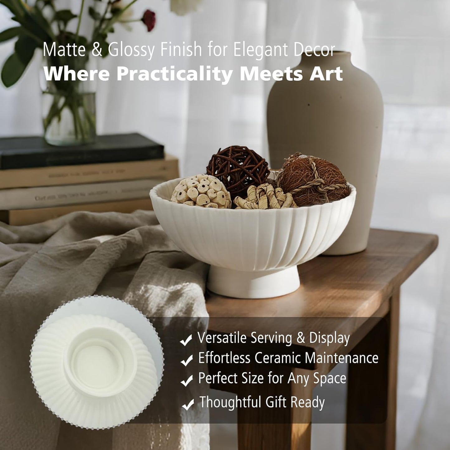 White Ceramic Fluted Decorative Bowl - 8 inch Fruit Footed Bowl for Kitchen Counter, Modern Key Pedestal Ruffle Bowl for Entryway Table & Home Organization-Fits Bread, Fruits, Salad or Popcorn