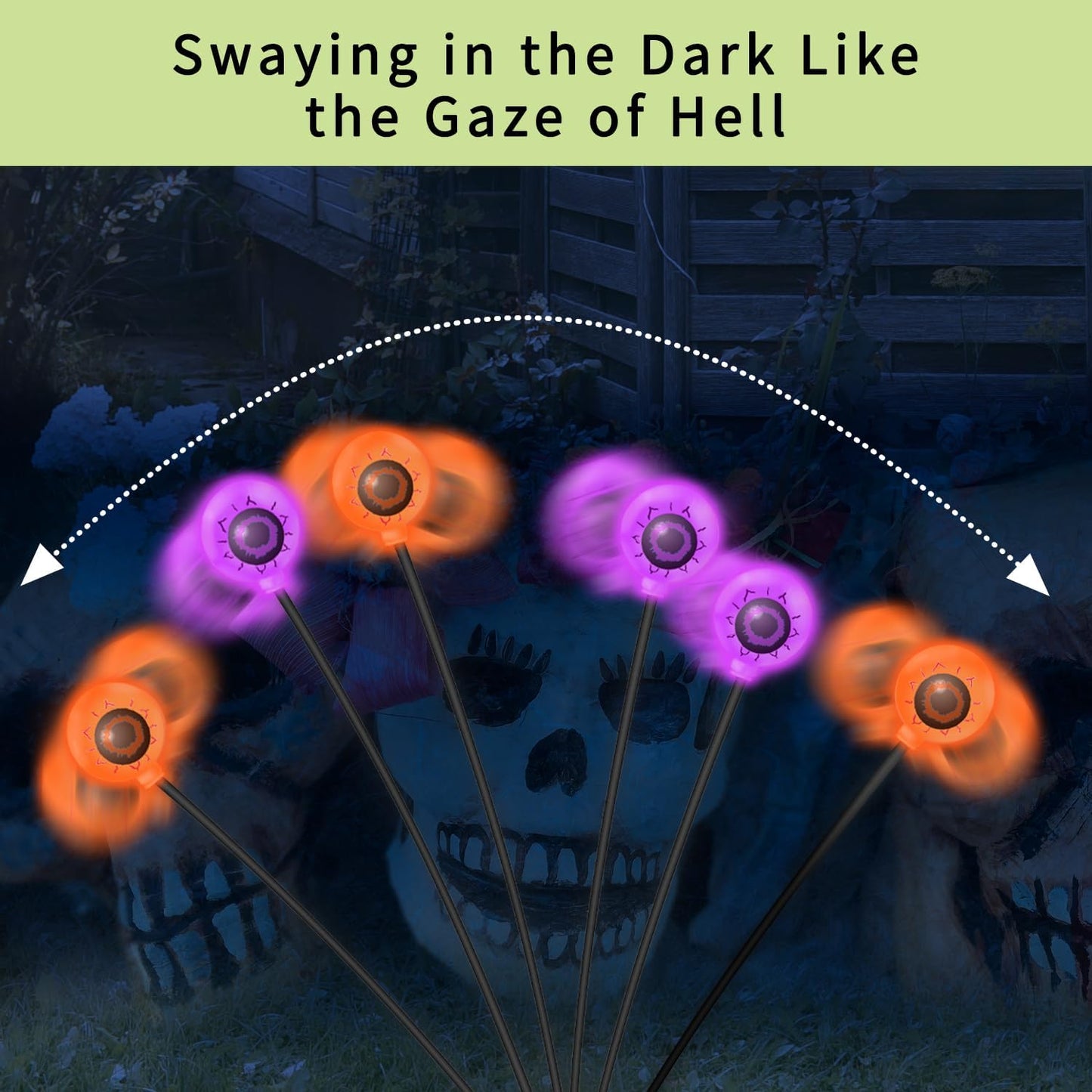 VOTTGO Halloween Solar Lights Outdoor, 8 Pack 48LED Scary Solar Eyeball Pathway Lights, 2 Modes Waterproof Swaying Solar Firefly Lights for Garden Yard Pathway Halloween Decorations, Purple + Orange