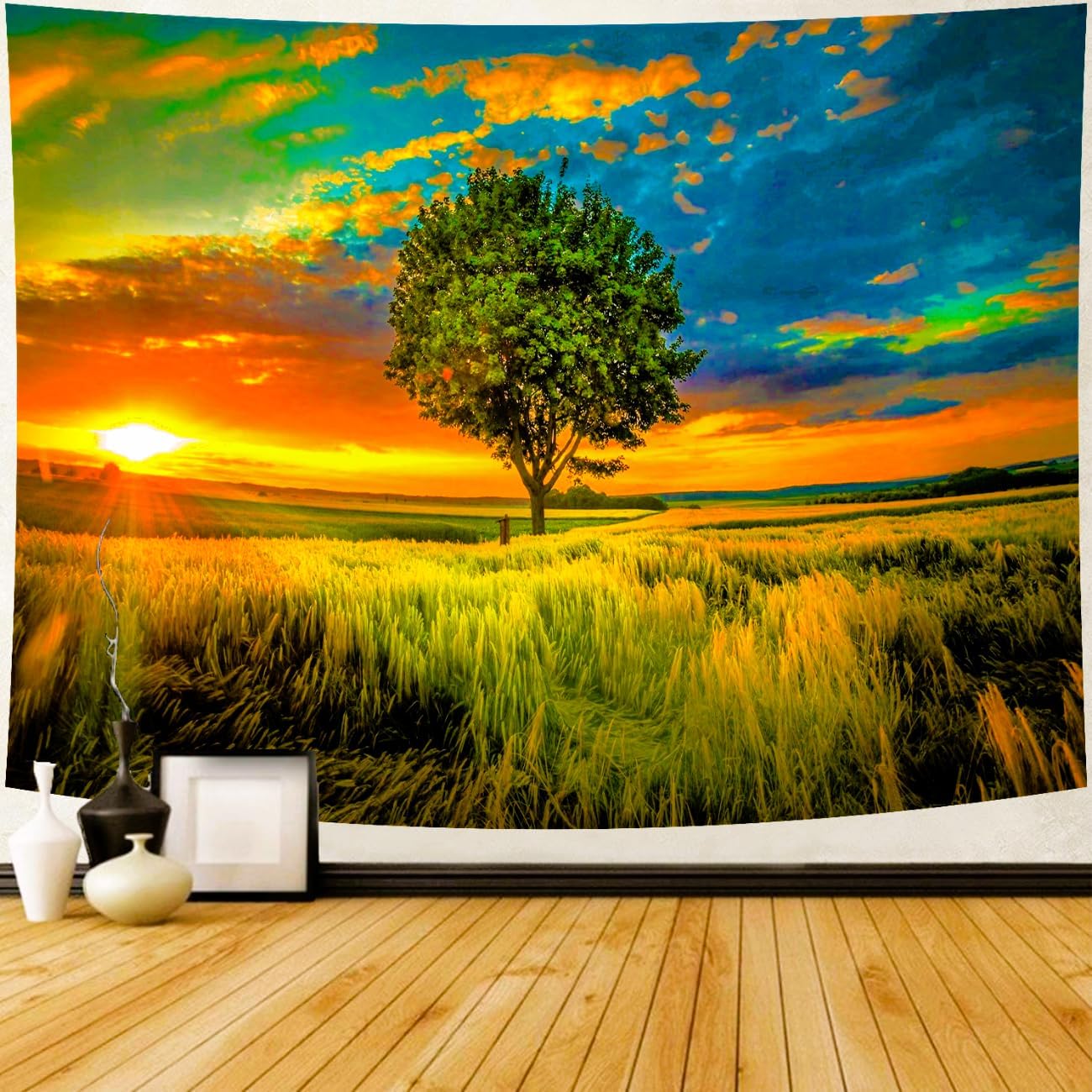 Delur Sunset Tree of Life Tapestry Forest Nature Landscape Wall Hanging Tapestry Scenic Tree Woodland Natural Sunrise Headboard for Bedroom Living Room Home Decor (70.8" x 92.5")