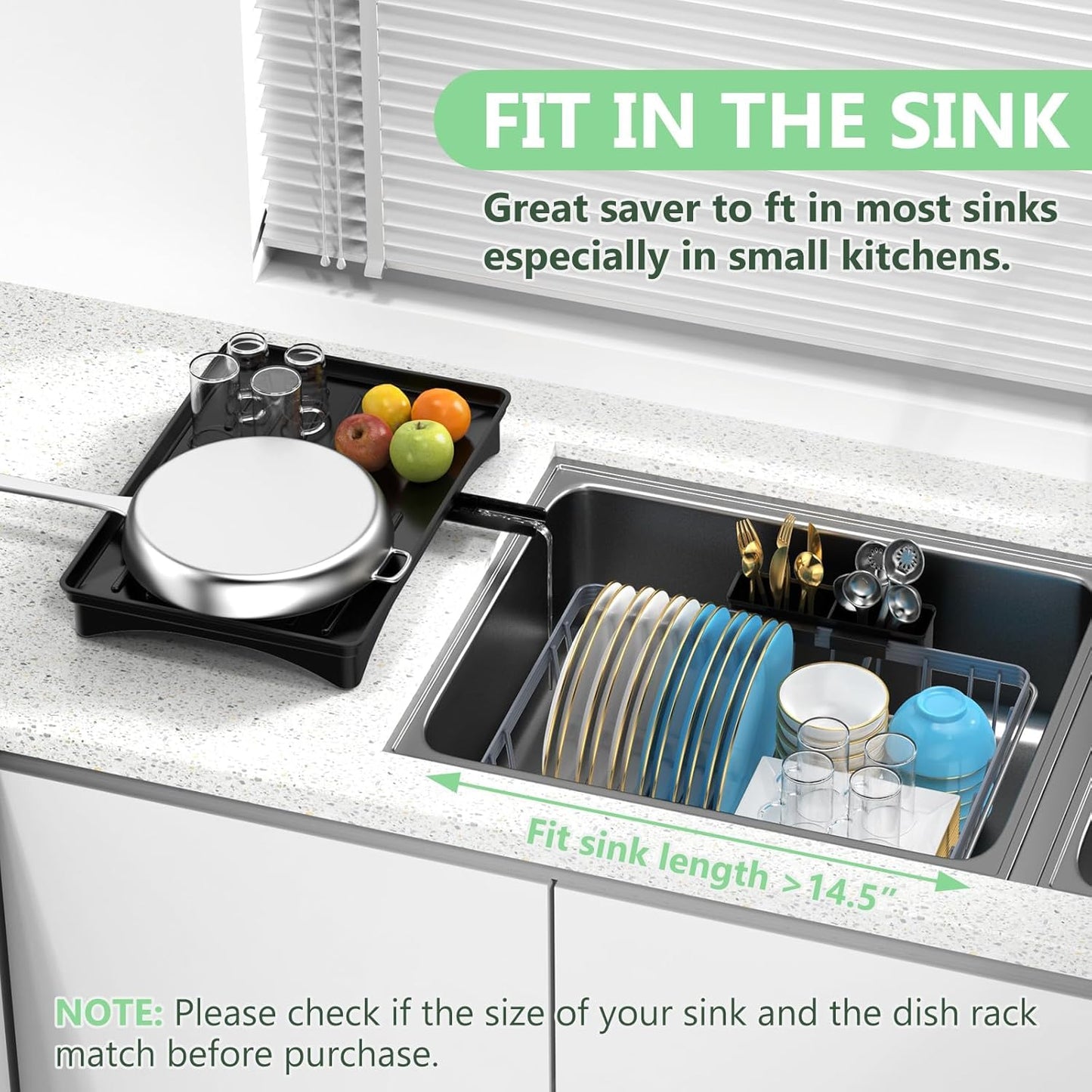 LEMIKKLE Expandable Dish Drying Rack- Space-Saving Dish Rack, Dish Drainers for Kitchen Counter with a Cutlery Holder, Over The Sink Dish Racks Fit for 14’’-19’’ Kitchen Sink Grey