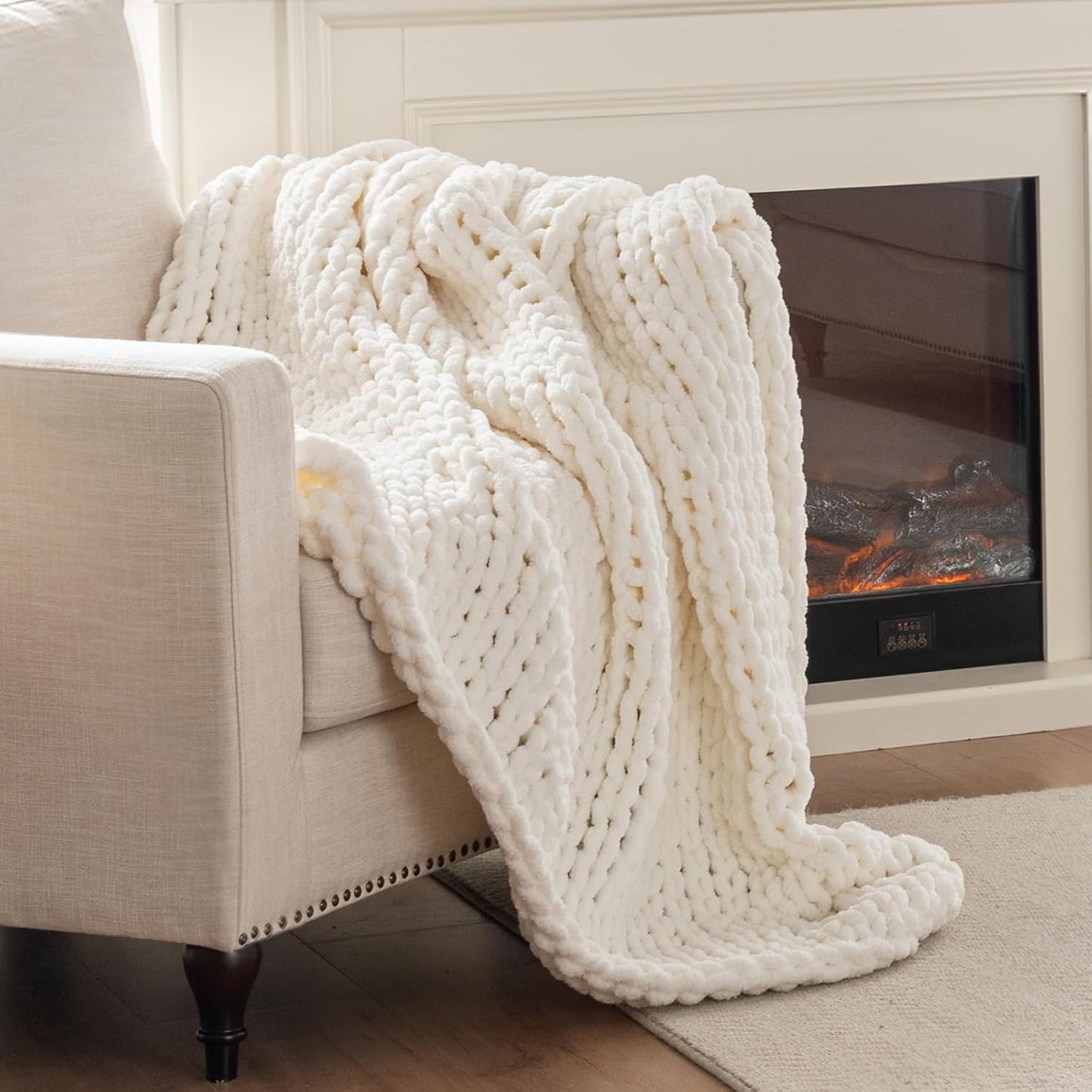 Chunky Knit Blanket Throw, 100% Hand Knit Throw Blanket Handmade Chenille Cable Knit Throw for Couch, Stylish Cozy Soft Rope Knot Crochet Blanket for Home Decor, Ivory, 40x50 Inches