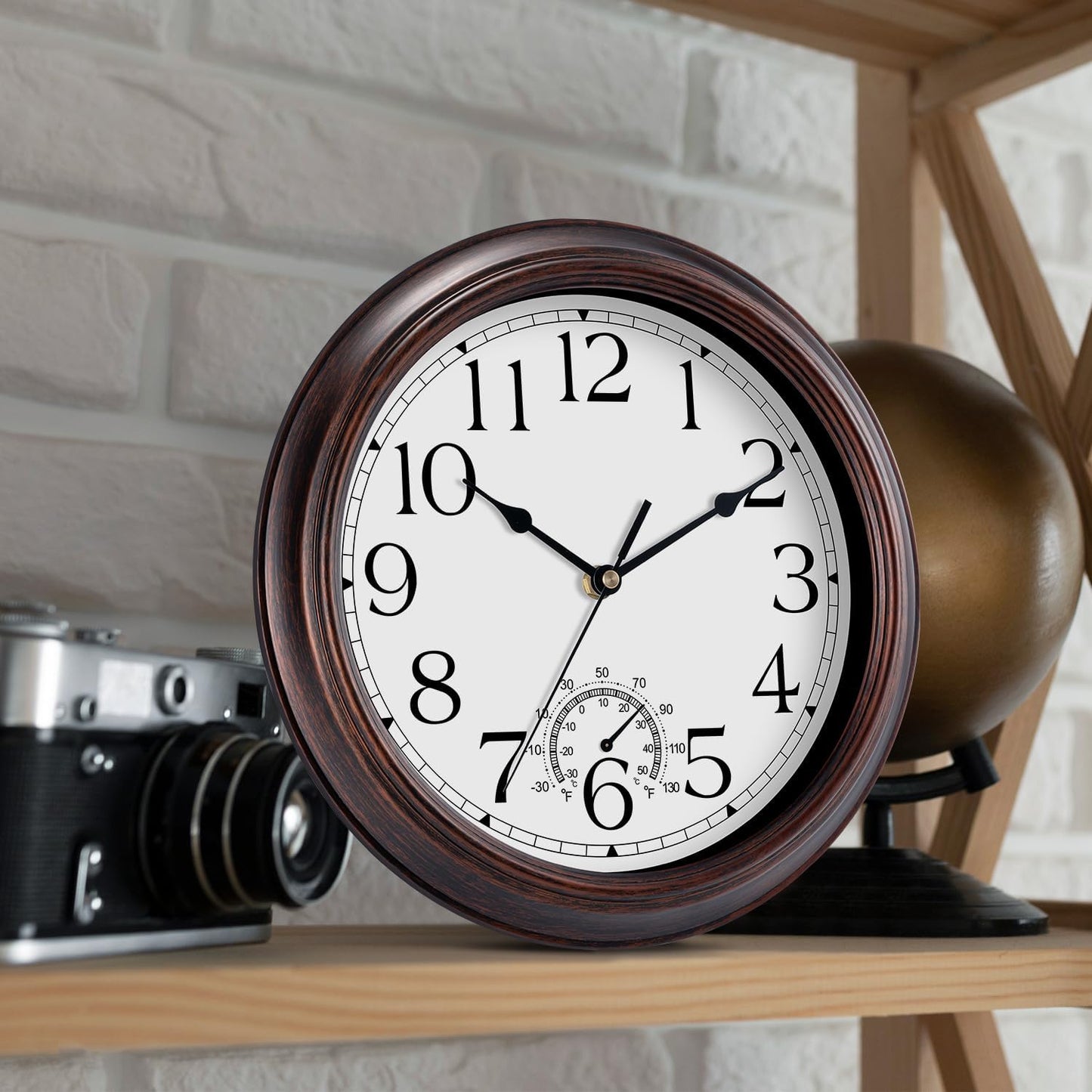 14 Inch Outdoor Wall Clock with Thermometers, Vintage Silent Wall Clocks Battery Operated, Retro Non-Ticking Clock Decorative for Living Room, Patio, Kitchen, Office, Bathroom, Bedroom(Bronze)